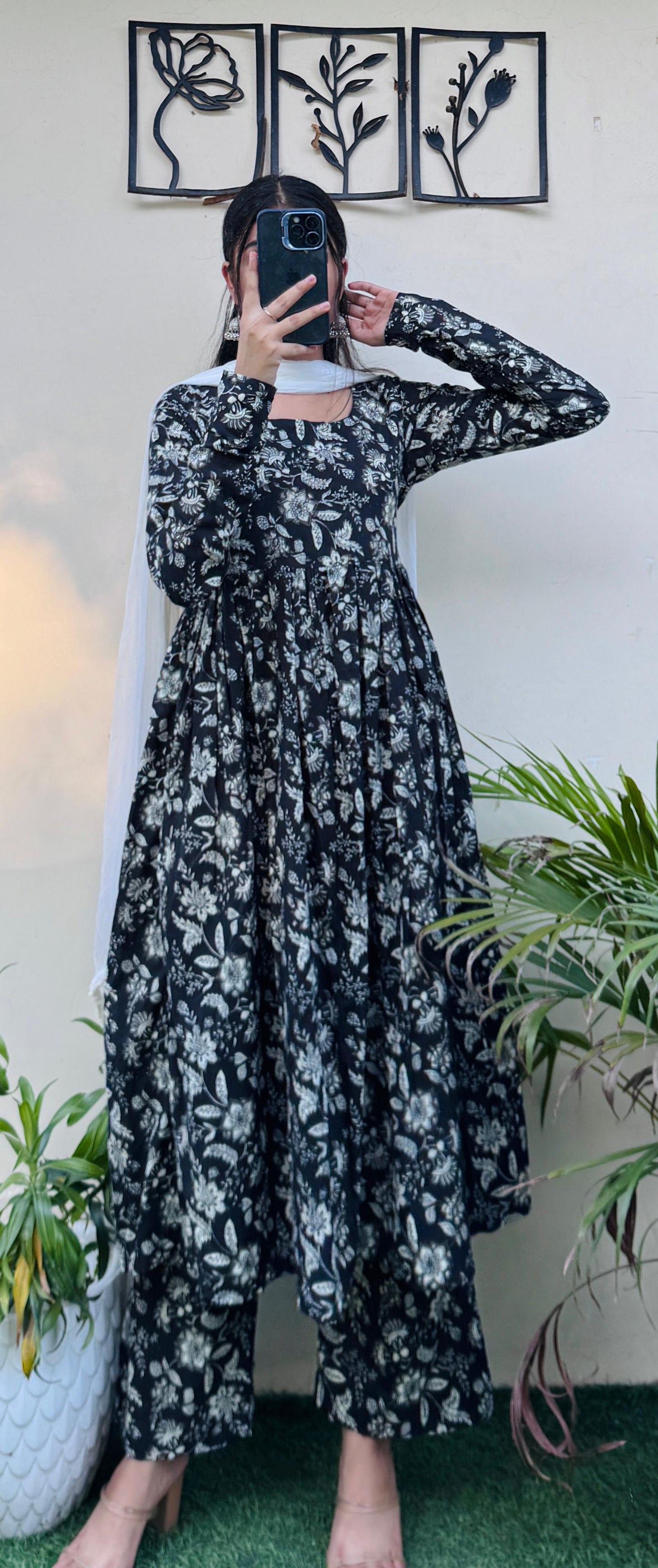 Beautiful Cotton Full Sleeve Anarkali Suit Set (Kurta+Pant+Dupatta)