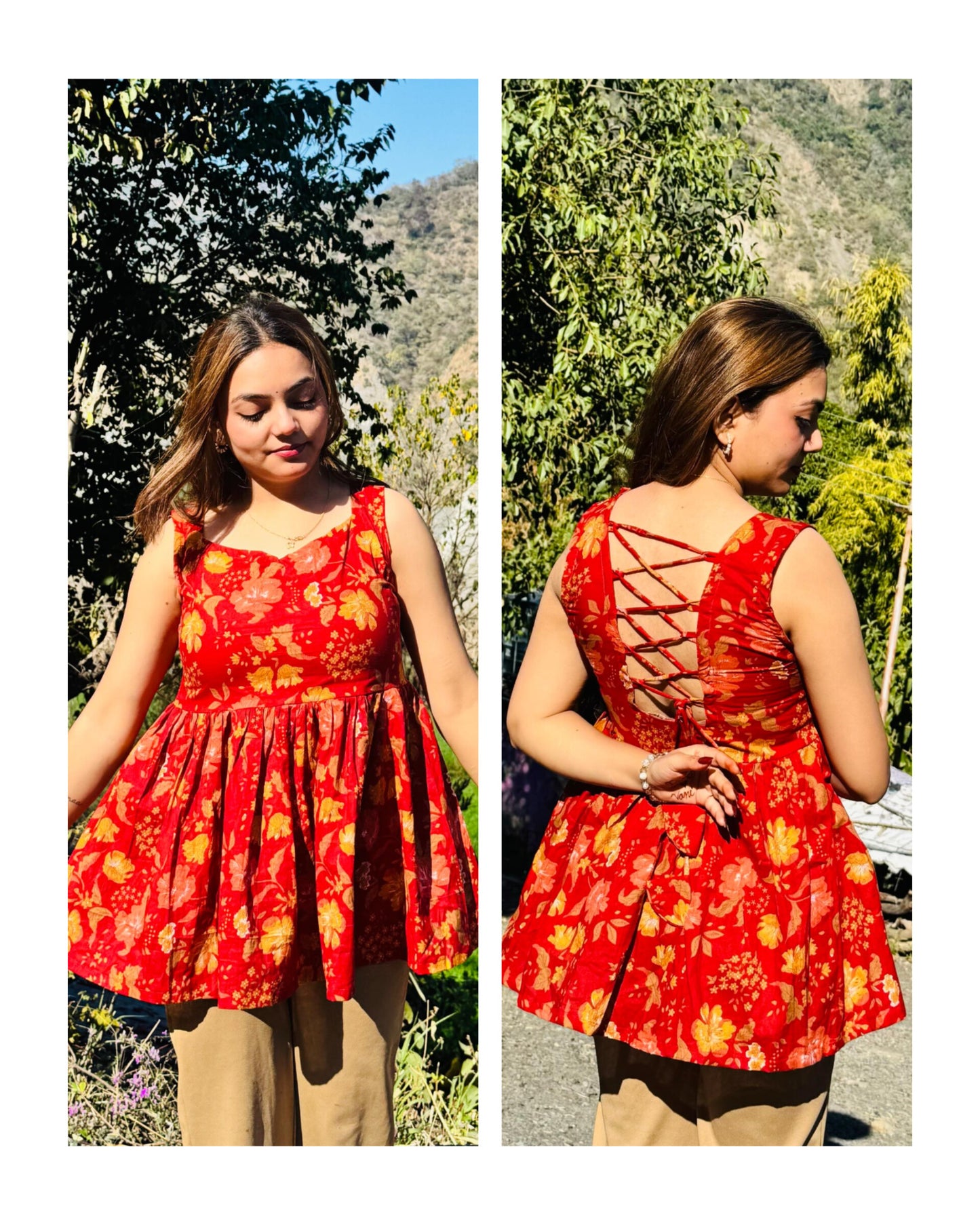 Cotton Flared Red Backless Neck Design Short Kurti
