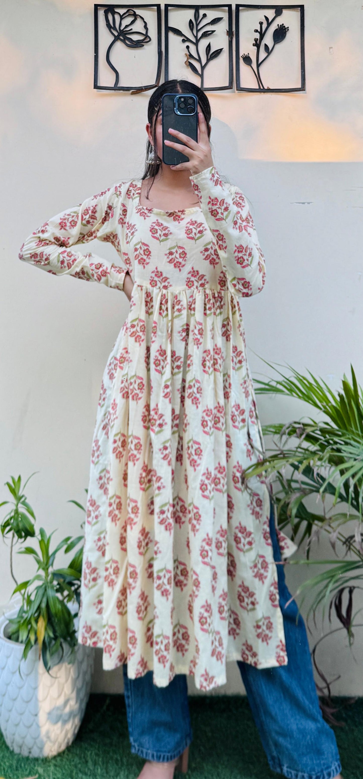 Cotton Full Sleeve Cream Nayra Cut Long Kurti