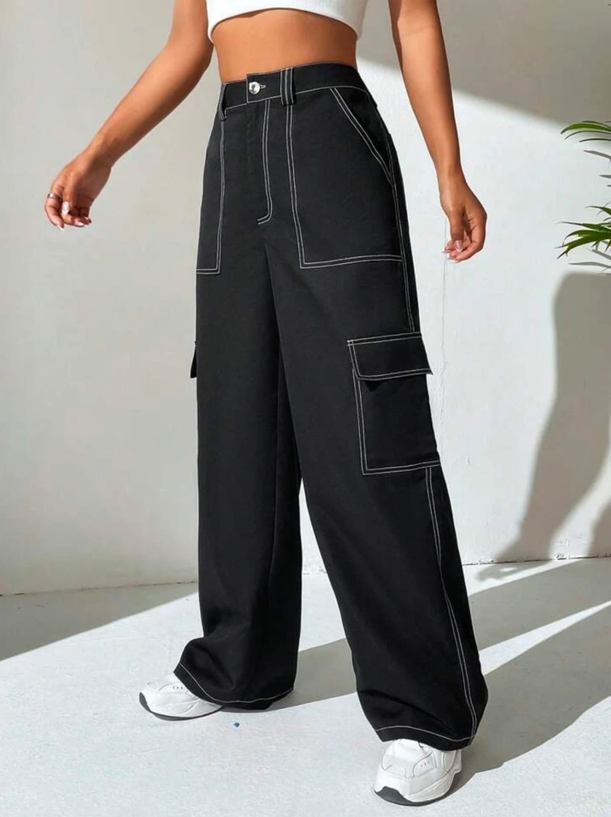 High Waist Six Pocket Black White Stich Cargo Wide Leg Denim
