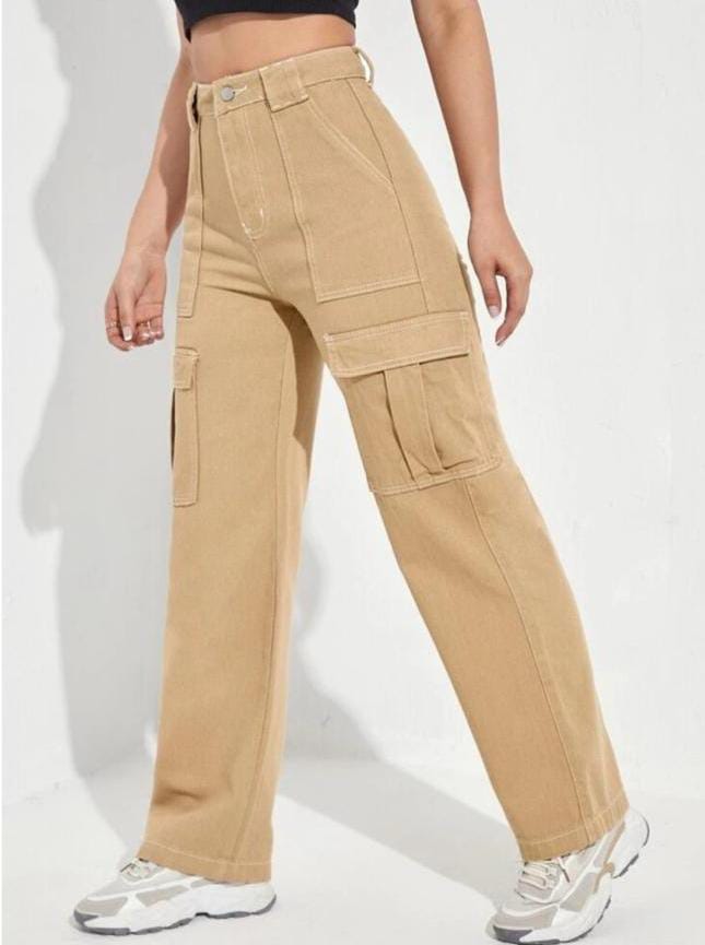 High Waist Six Pocket Khaki Cargo Wide Leg Denim