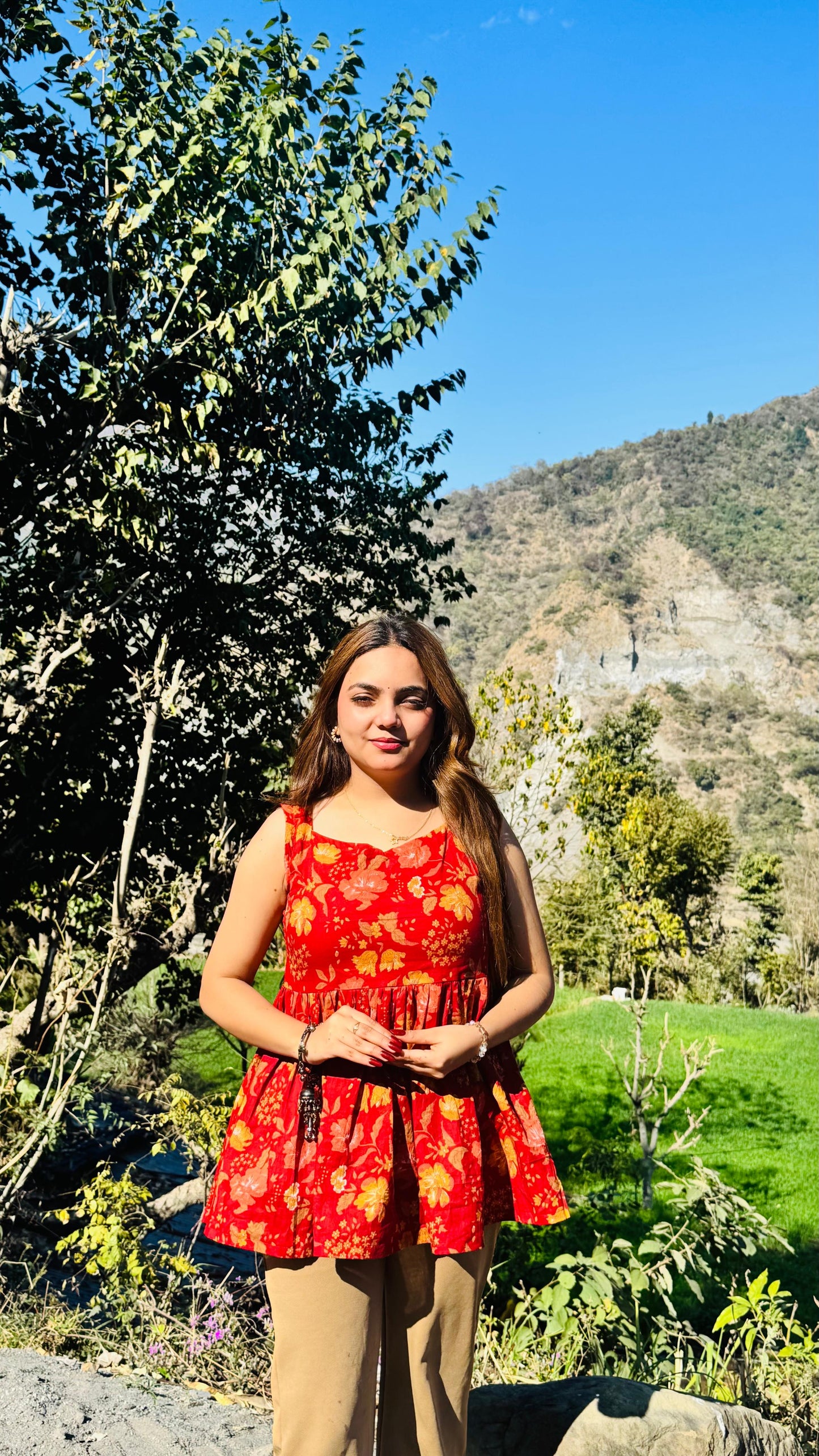 Cotton Flared Red Backless Neck Design Short Kurti