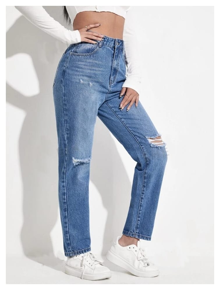 High Waist Knee Cut Ripped Stone Blue Mom Fit Wishker Denim Jeans