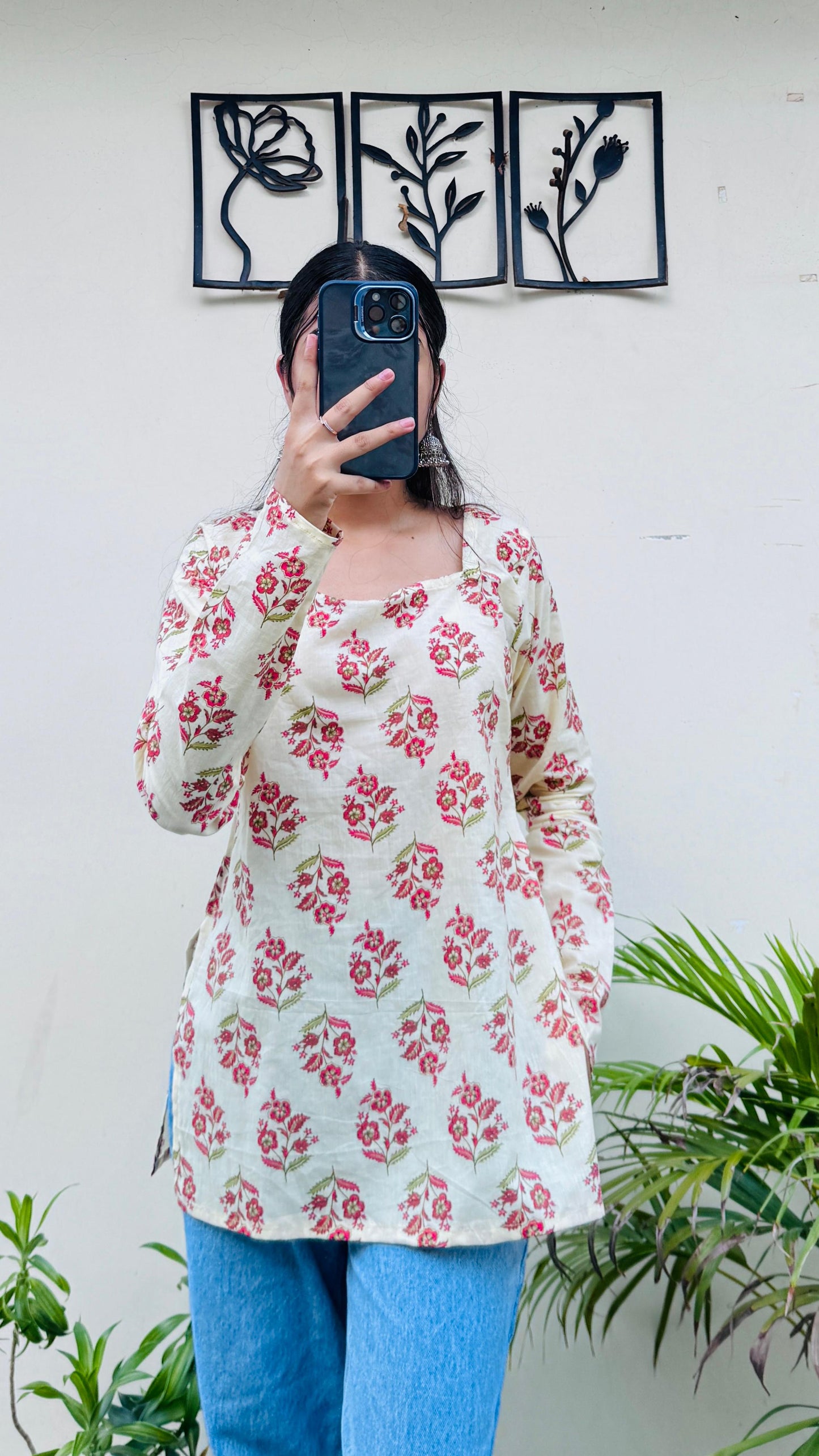 Cotton Cream Fullsleeve Short Kurti