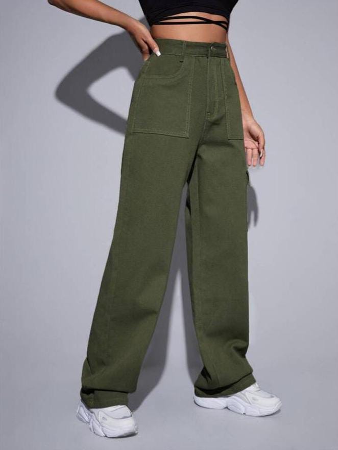 High Waist Six Pocket Olive Green Cargo Wide Leg Denim