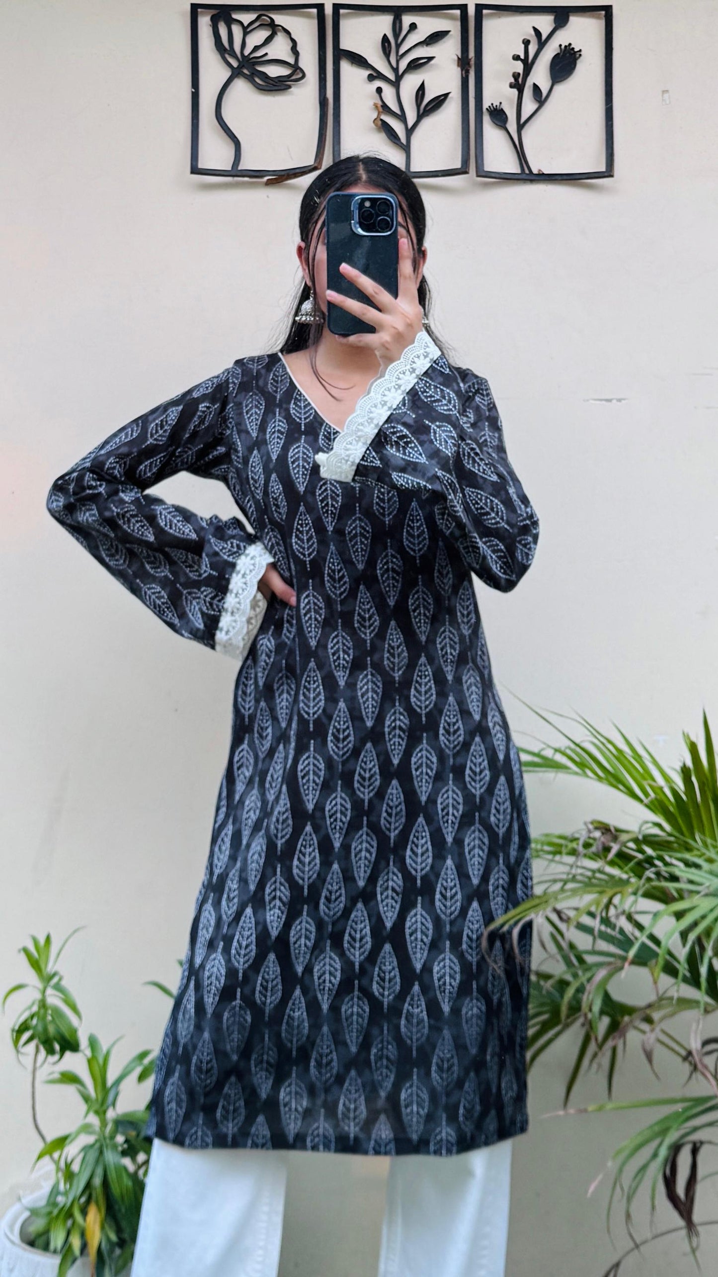 Cotton V-neck Lace Work Bellsleeves Long Kurti