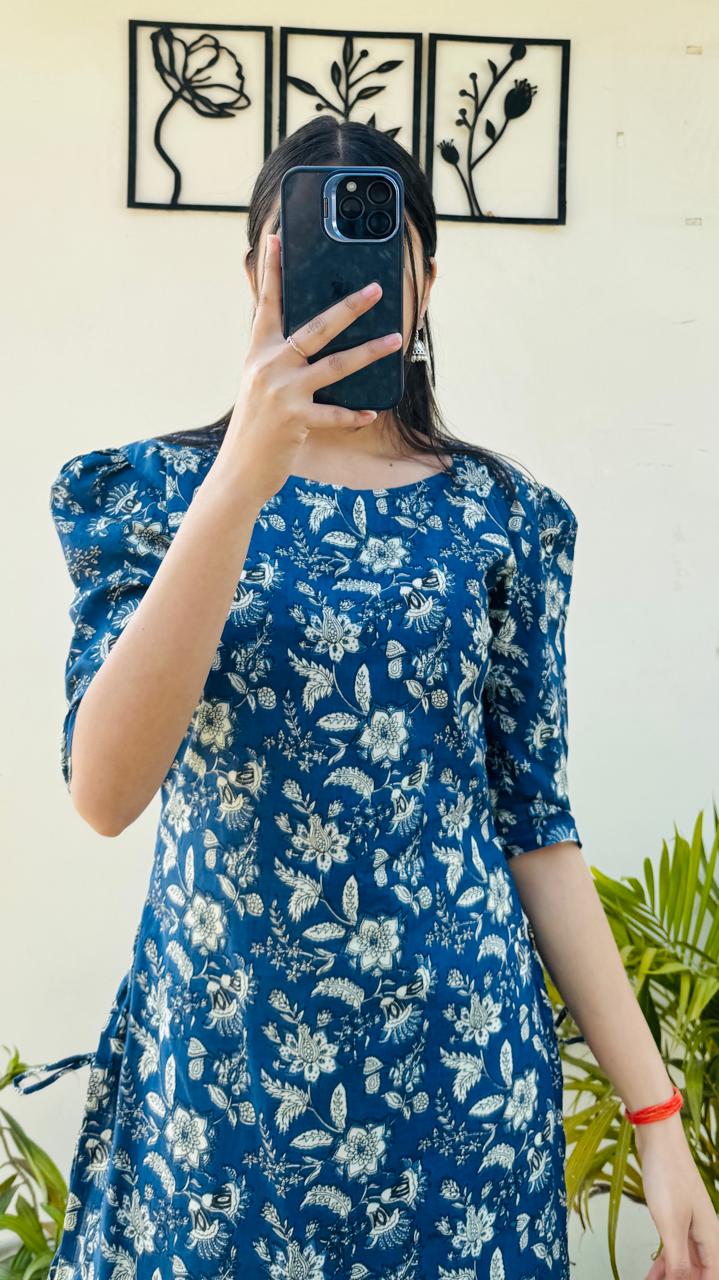 Cotton Printed Blue Puff Sleeves Straight Kurta