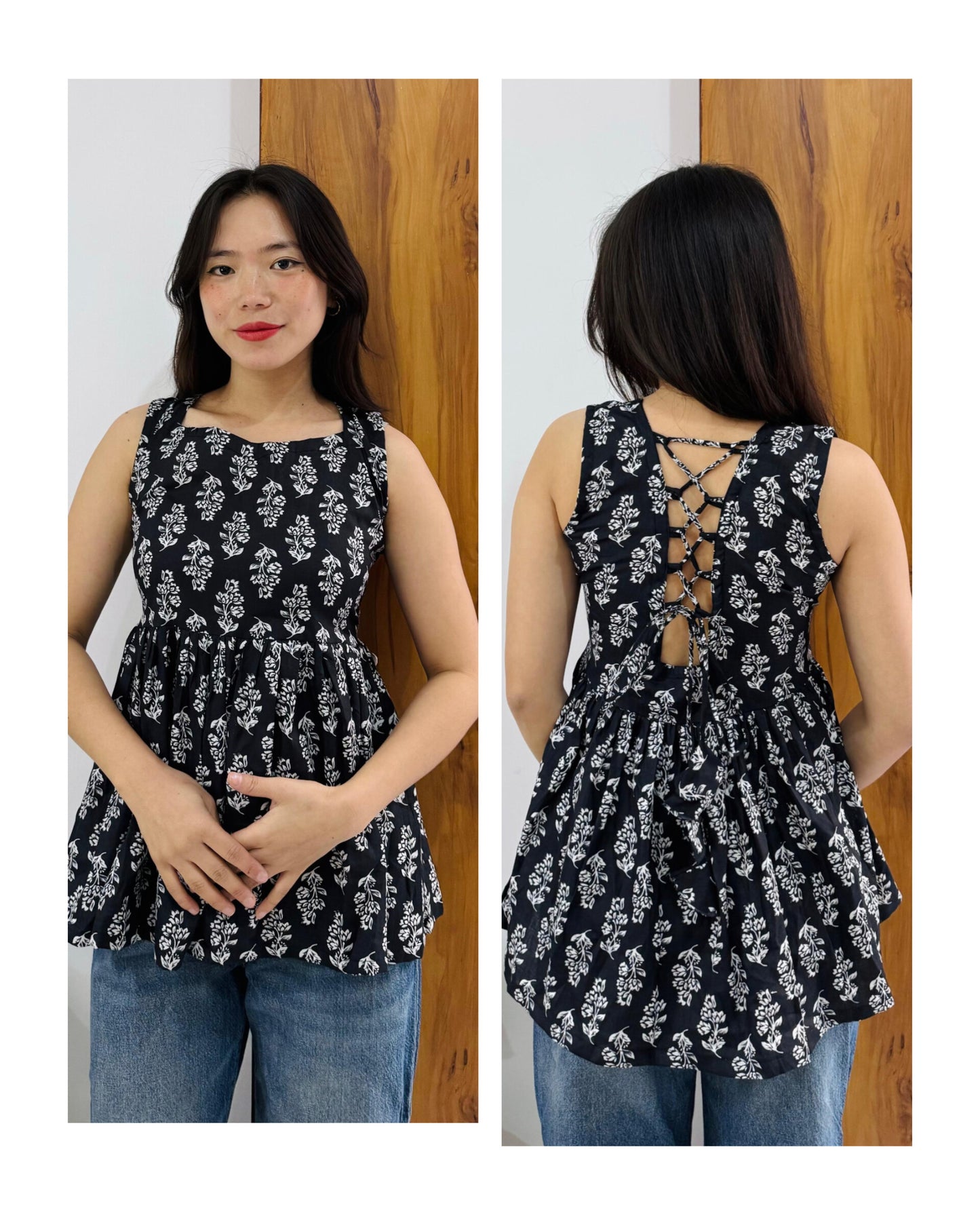 Cotton Flared Black Backless Neck Design Short Kurti