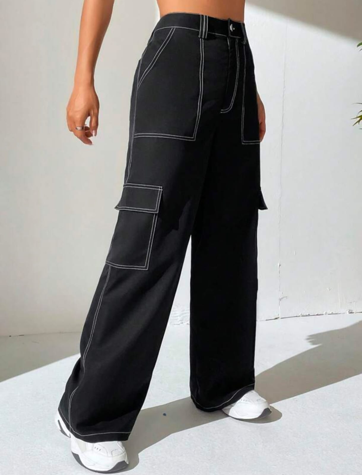 High Waist Six Pocket Black White Stich Cargo Wide Leg Denim