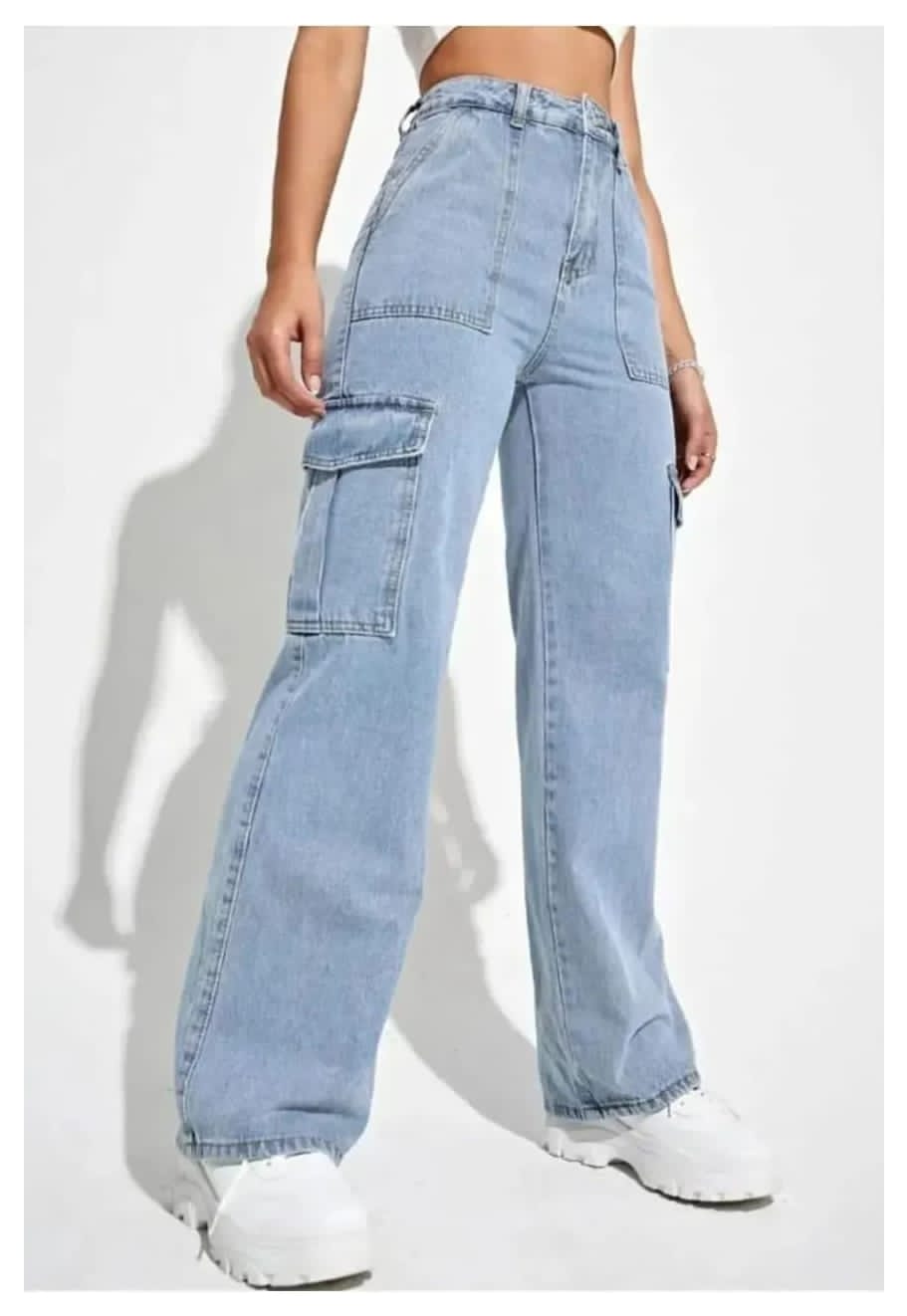 High Waist Six Pocket Ice Blue Cargo Wide Leg Denim