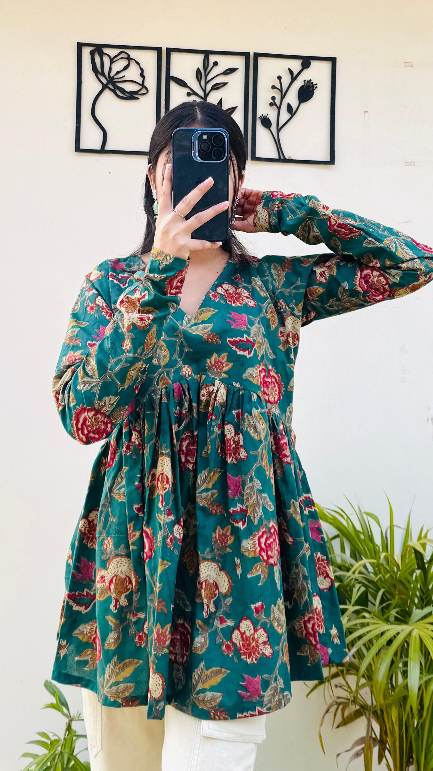 Cotton Flared Green Floral Print Aliacut Peplum Top
