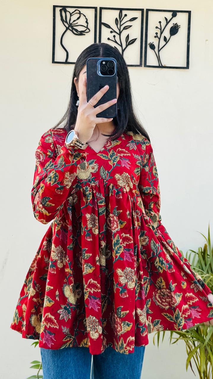 Cotton Flared Floral Print Aliacut Peplum Top