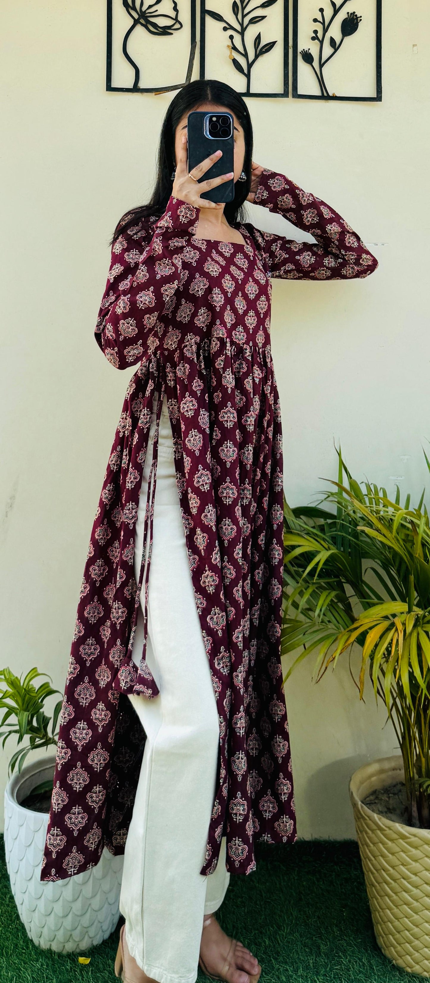 Cotton Full Sleeve Maroon Nayra Cut Long Kurti