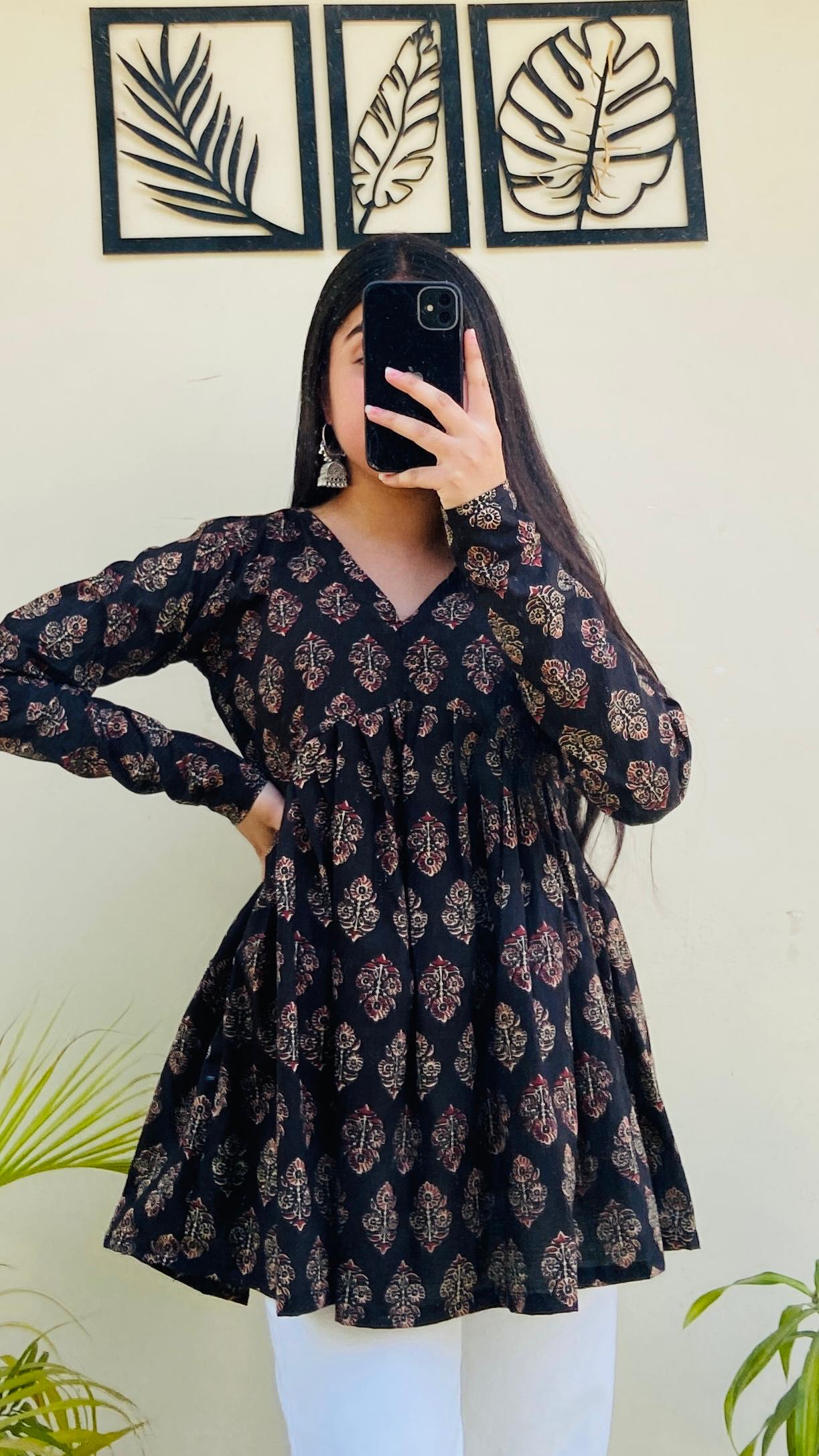 Cotton Flared Ajarakh Print Aliacut Peplum Top