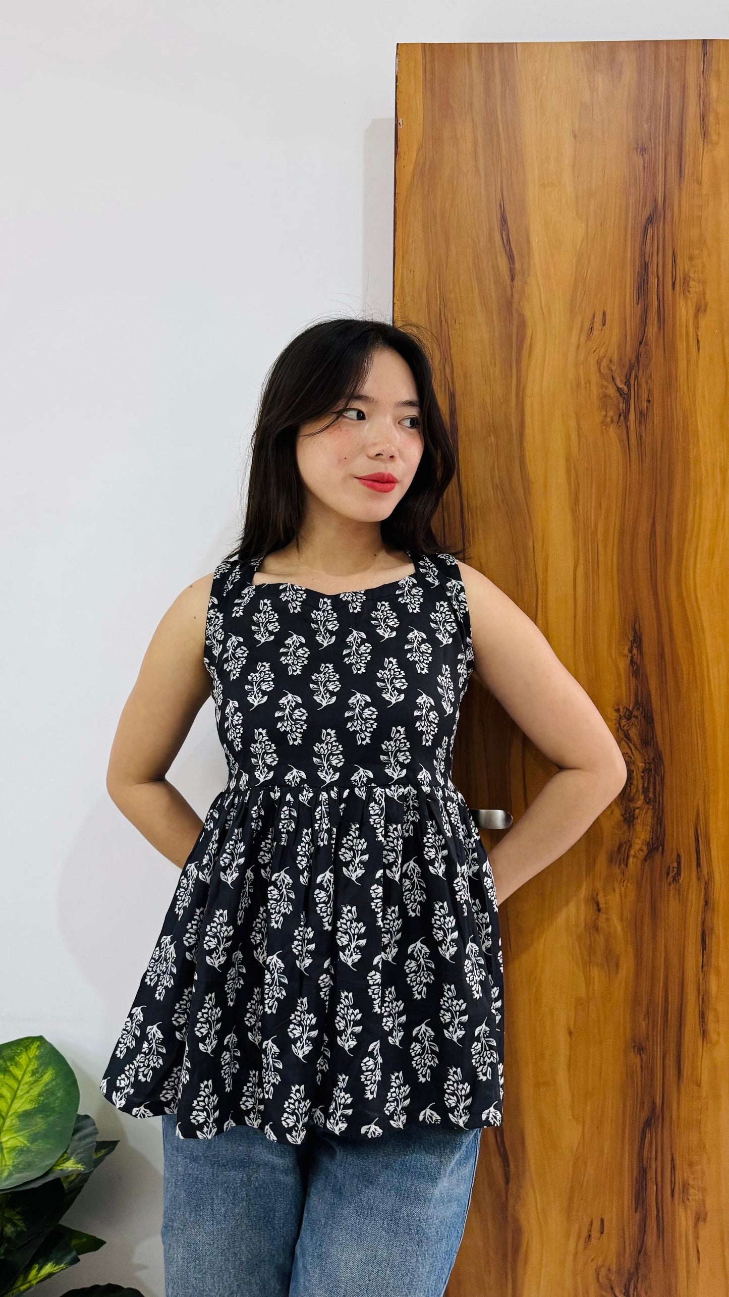 Cotton Flared Black Backless Neck Design Short Kurti