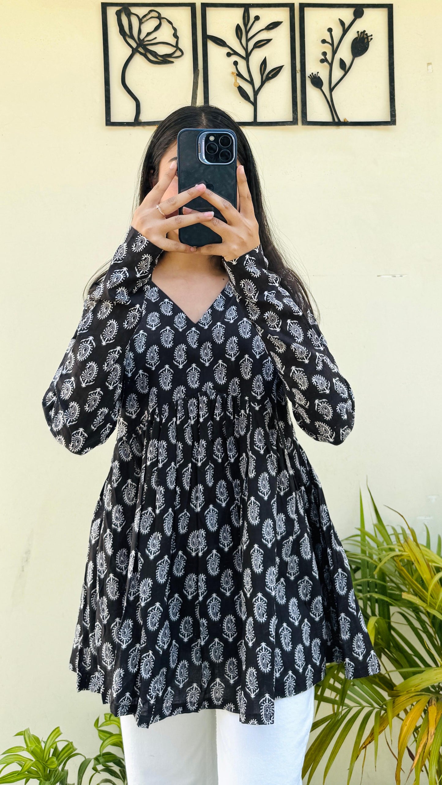Cotton Black Flared Printed Aliacut Peplum Top