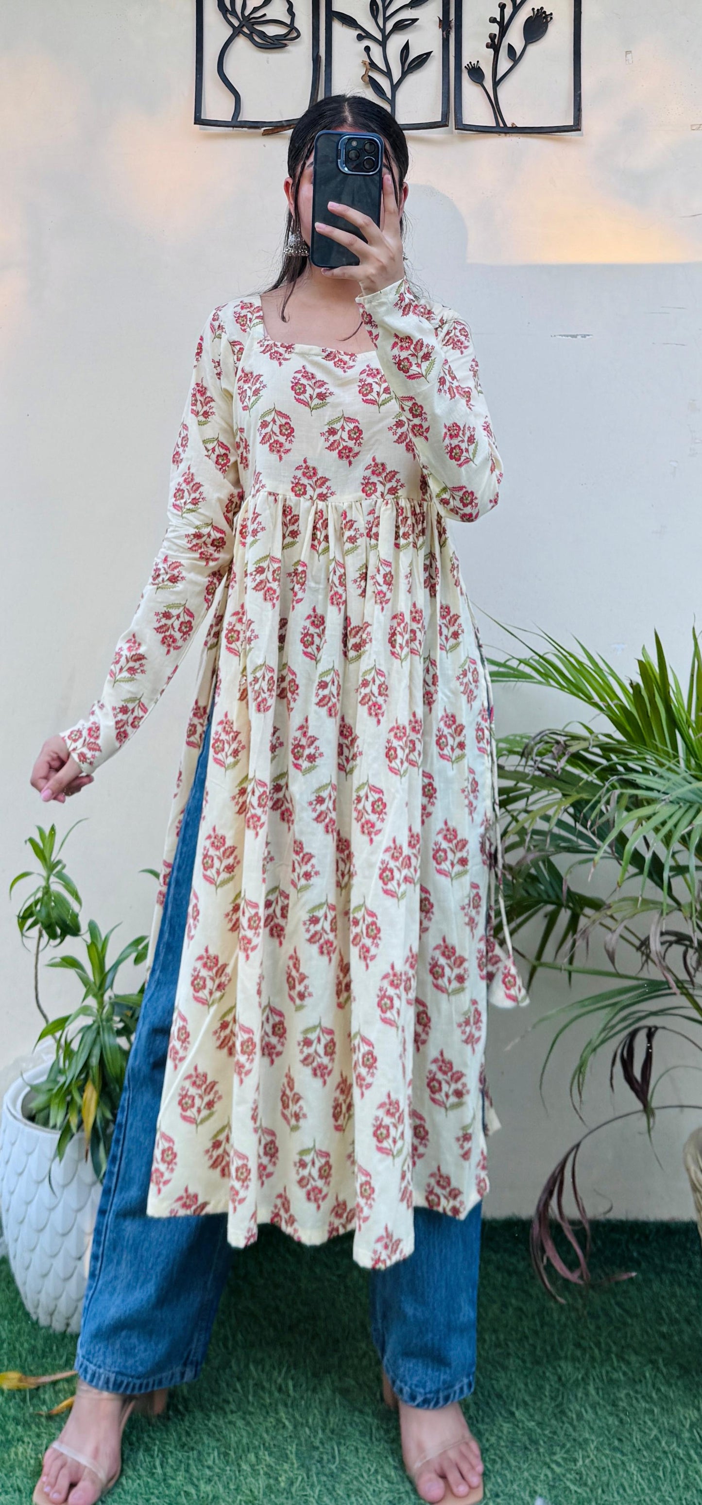 Cotton Full Sleeve Cream Nayra Cut Long Kurti