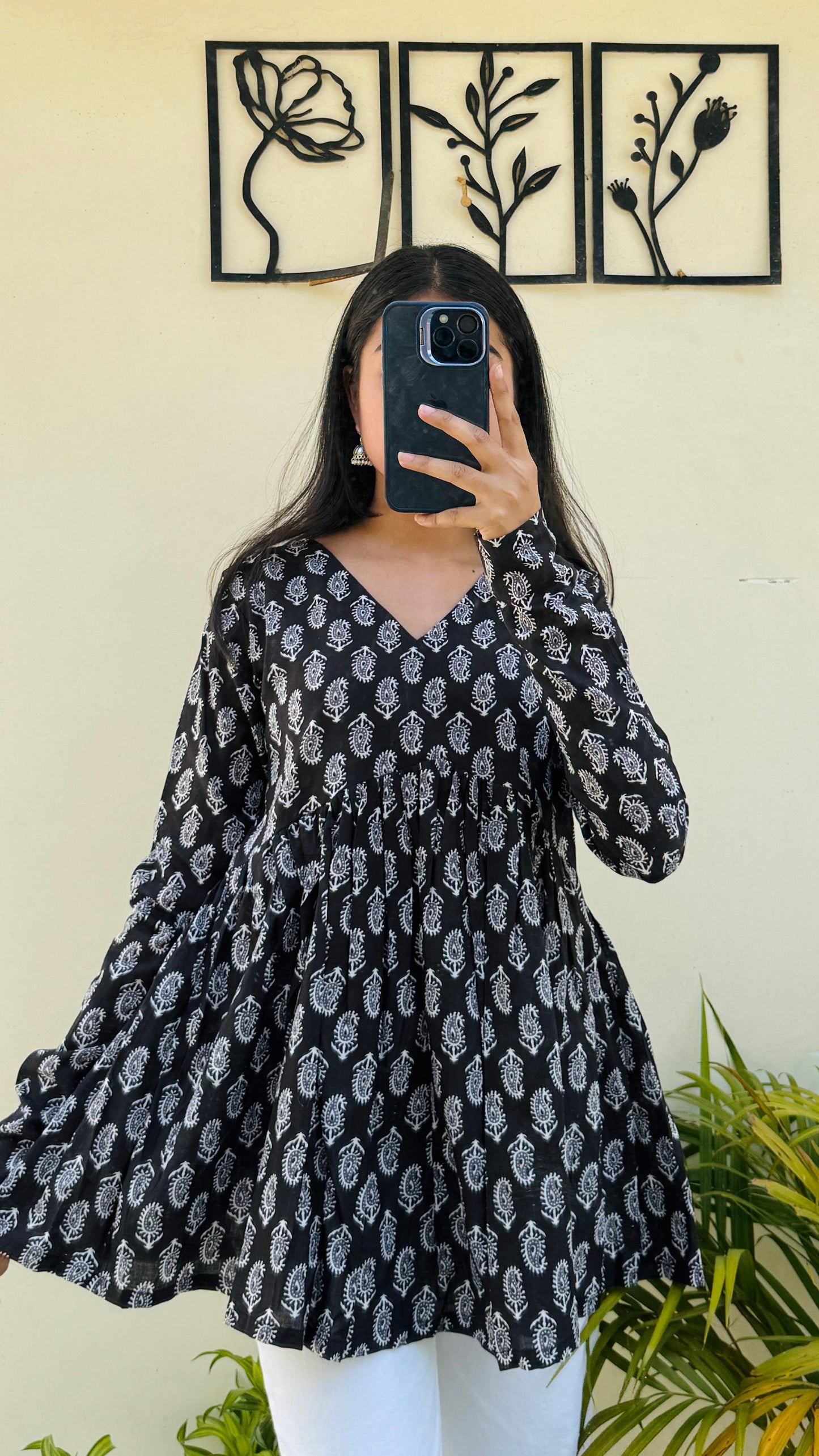 Cotton Black Flared Printed Aliacut Peplum Top