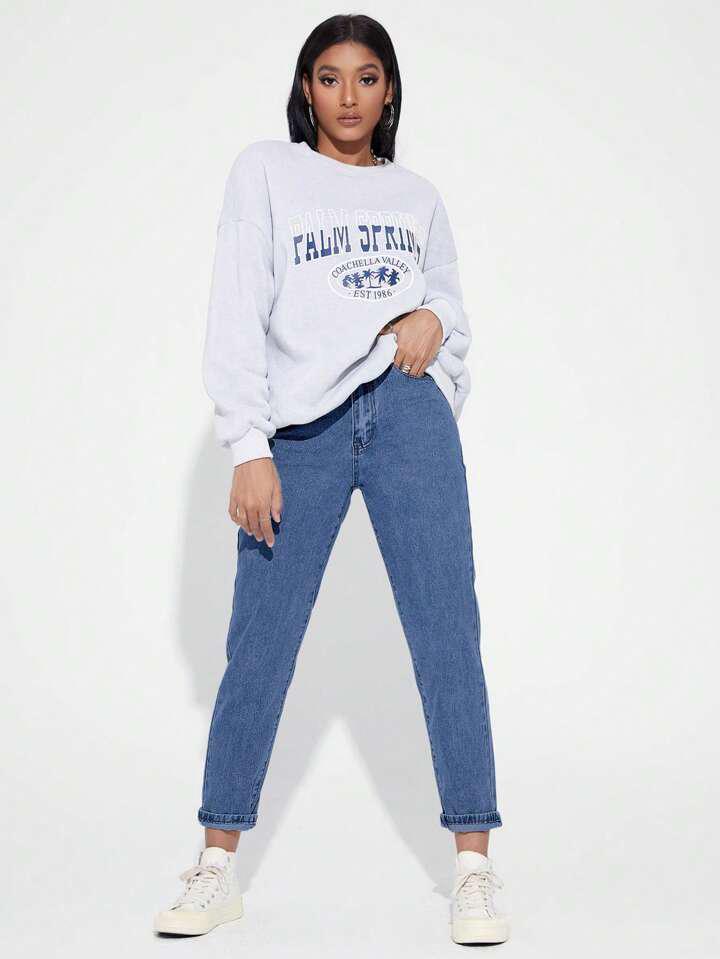 High Waist Stone Blue Mom Fit Denim Jeans