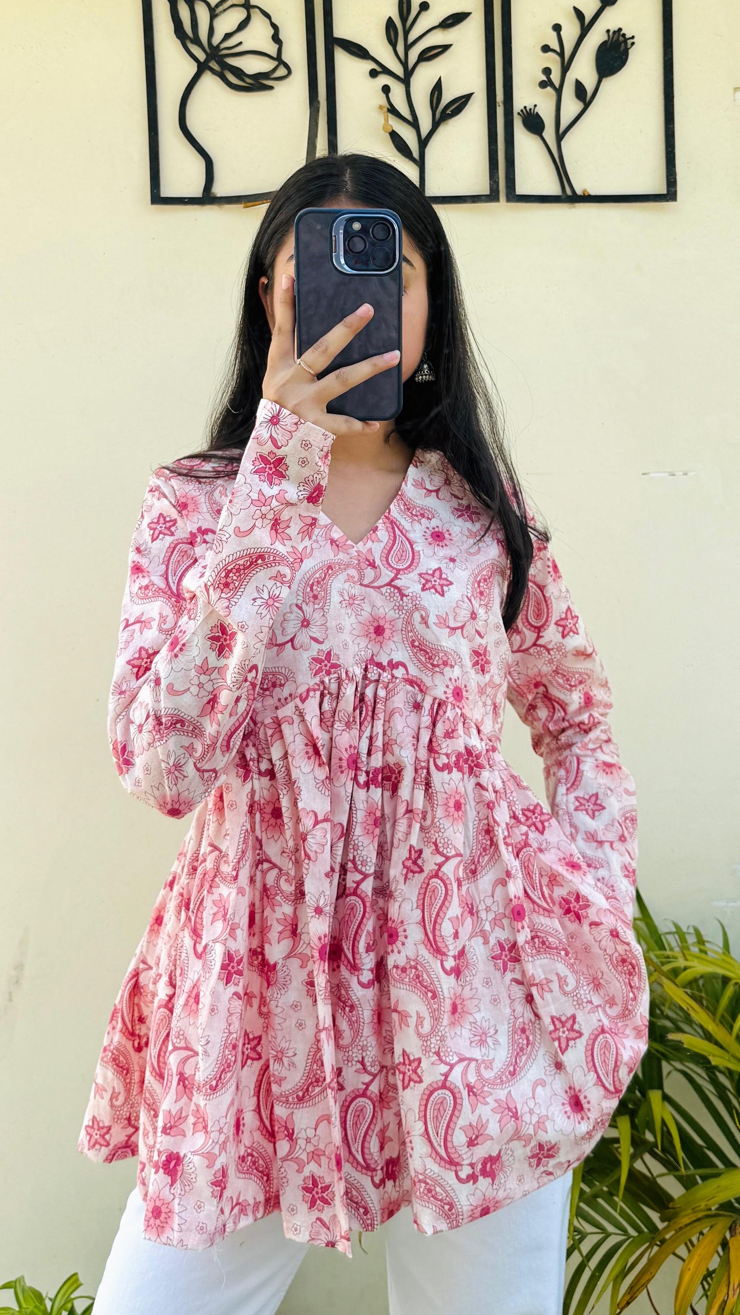 Cotton Pink Flared Floral Print Aliacut Peplum Top