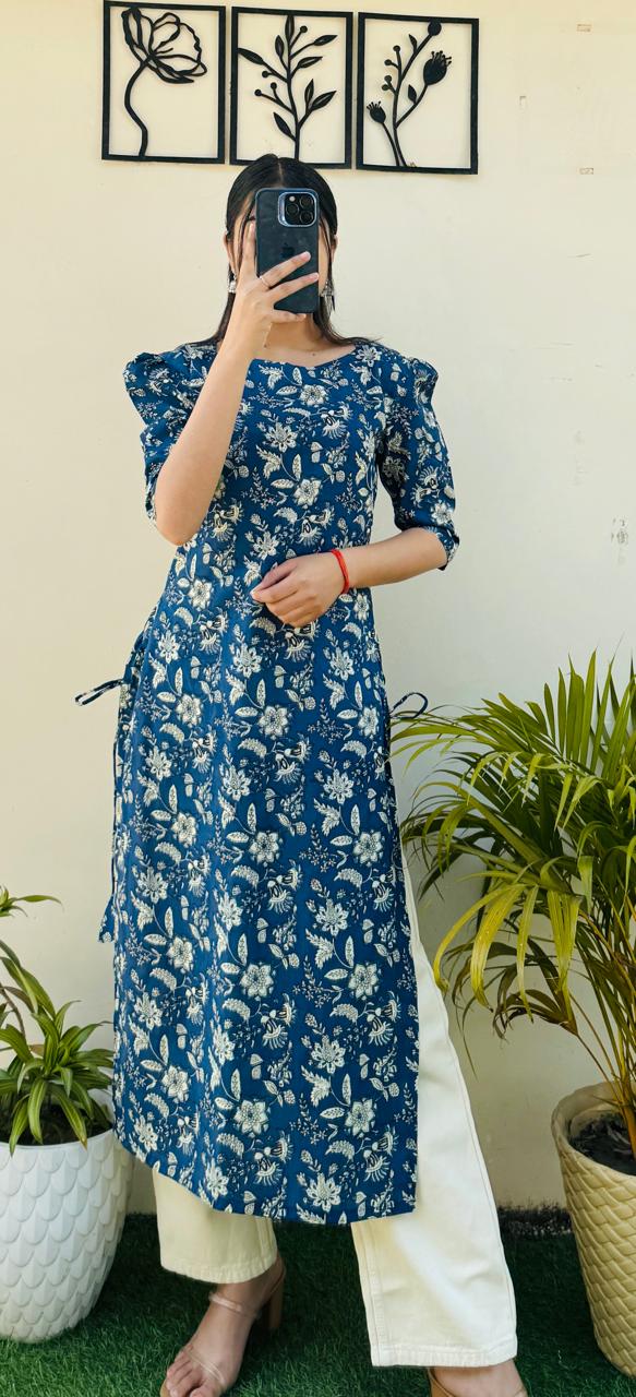 Cotton Printed Blue Puff Sleeves Straight Kurta