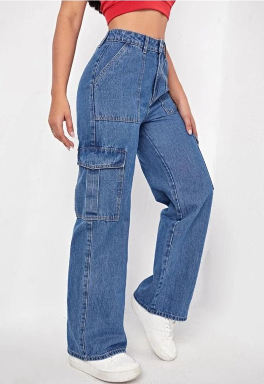 High Waist Six Pocket Stone Blue Cargo Wide Leg Denim