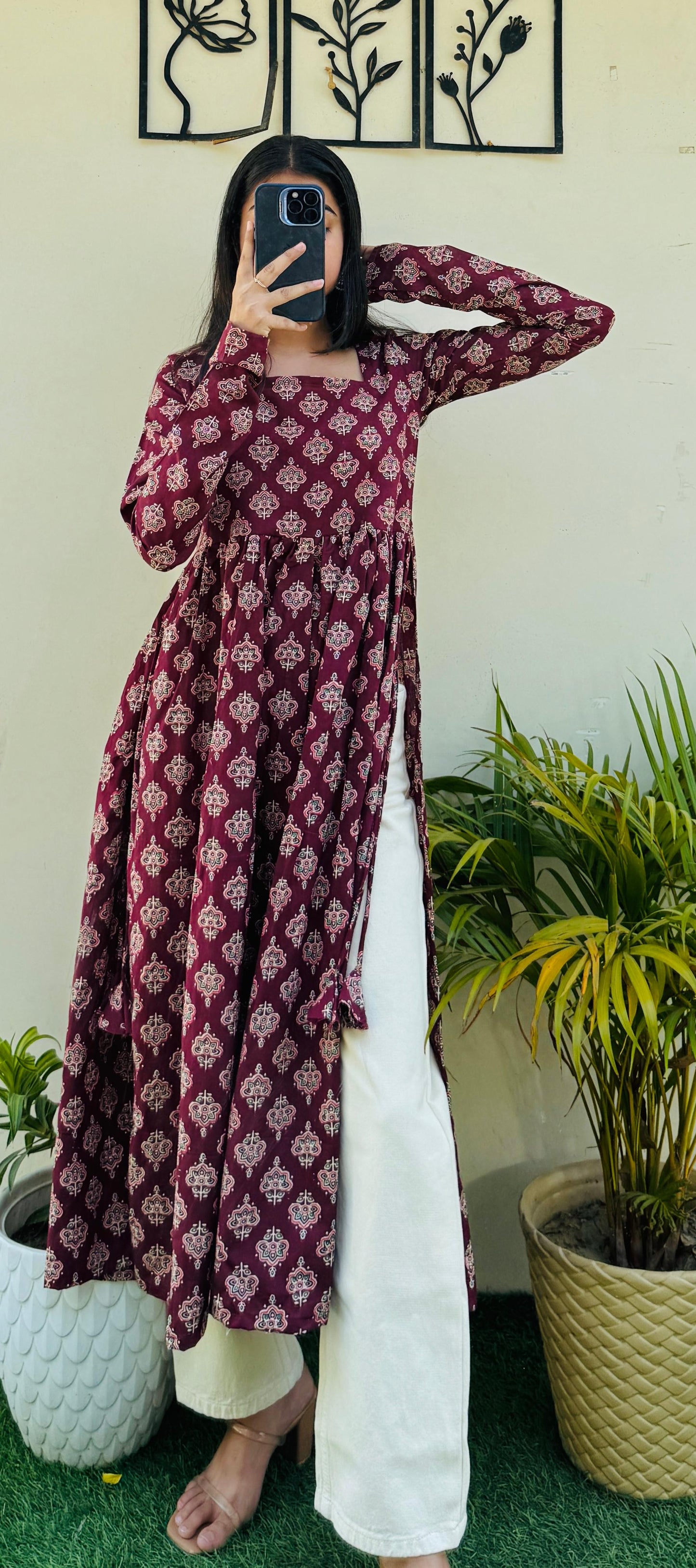 Cotton Full Sleeve Maroon Nayra Cut Long Kurti
