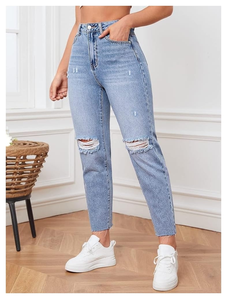 High Waist Knee Cut Ripped Ice Blue Mom Fit Wishker Denim Jeans