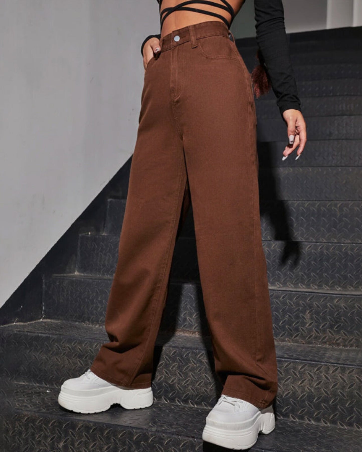 High Waist Brown Wide Leg Denim