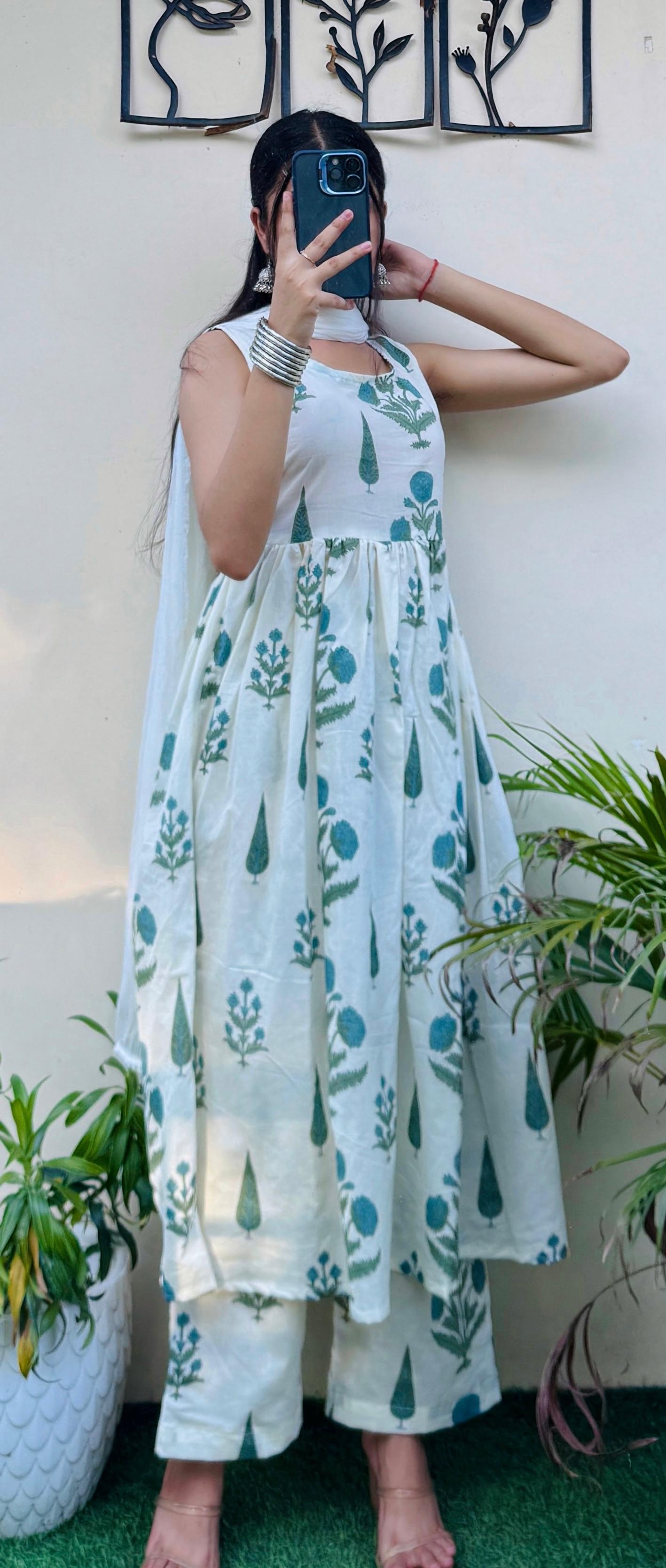 Beautiful Cotton Sleeveless Anarkali Suit Set (Kurta+Pant+Dupatta)