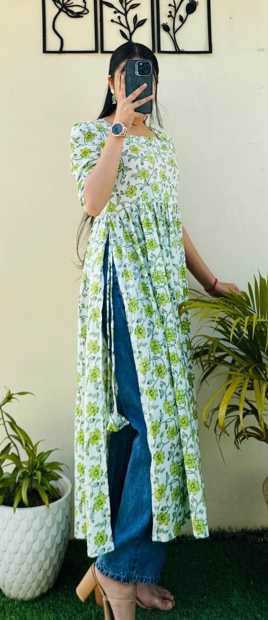 Cotton Printed White & Green Puff Sleeves Nyra Cut Long Kurti