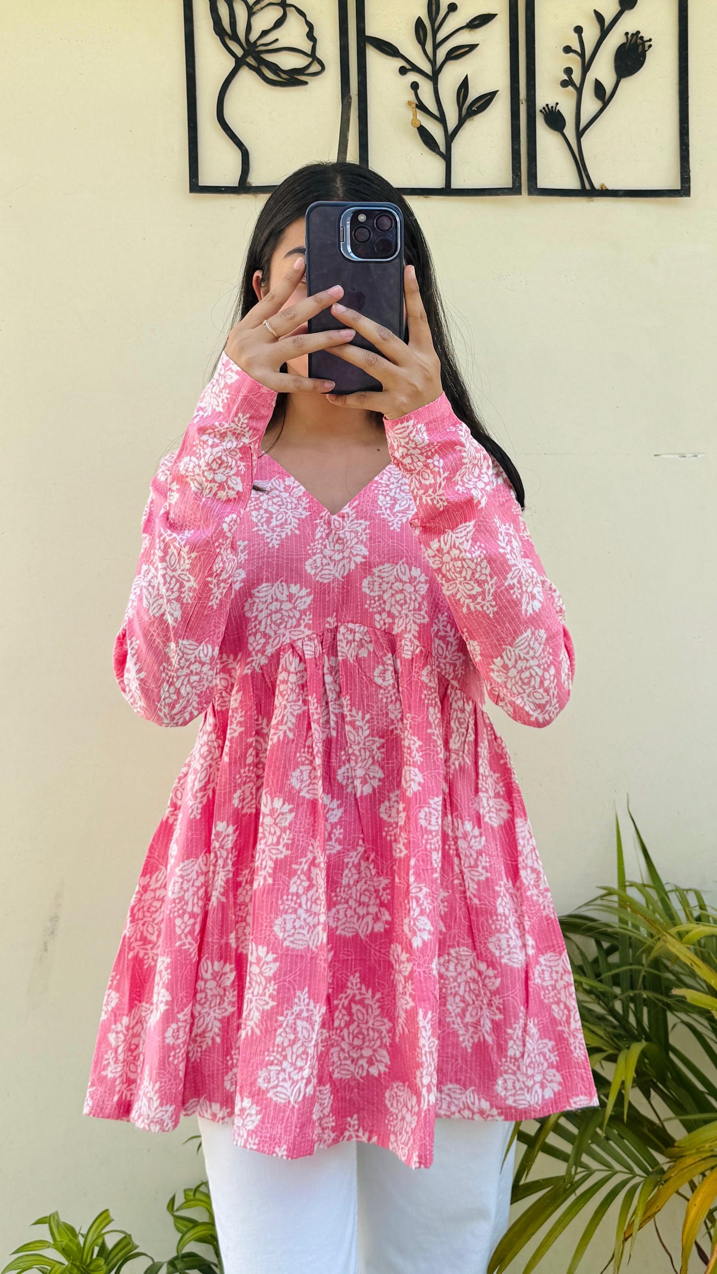 Katha Cotton Peach Flared Floral Print Aliacut Peplum Top