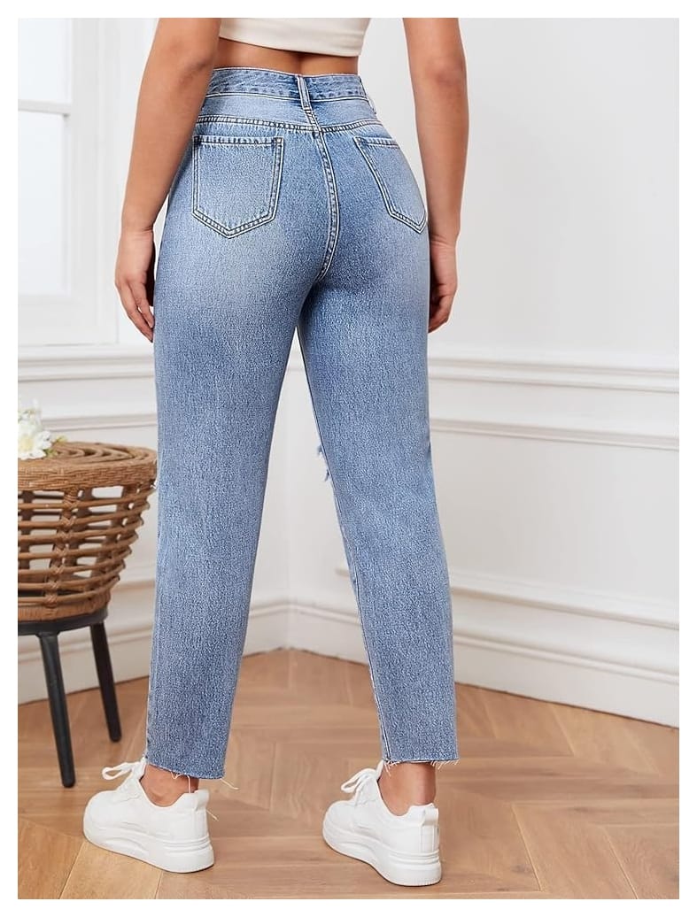 High Waist Knee Cut Ripped Ice Blue Mom Fit Wishker Denim Jeans