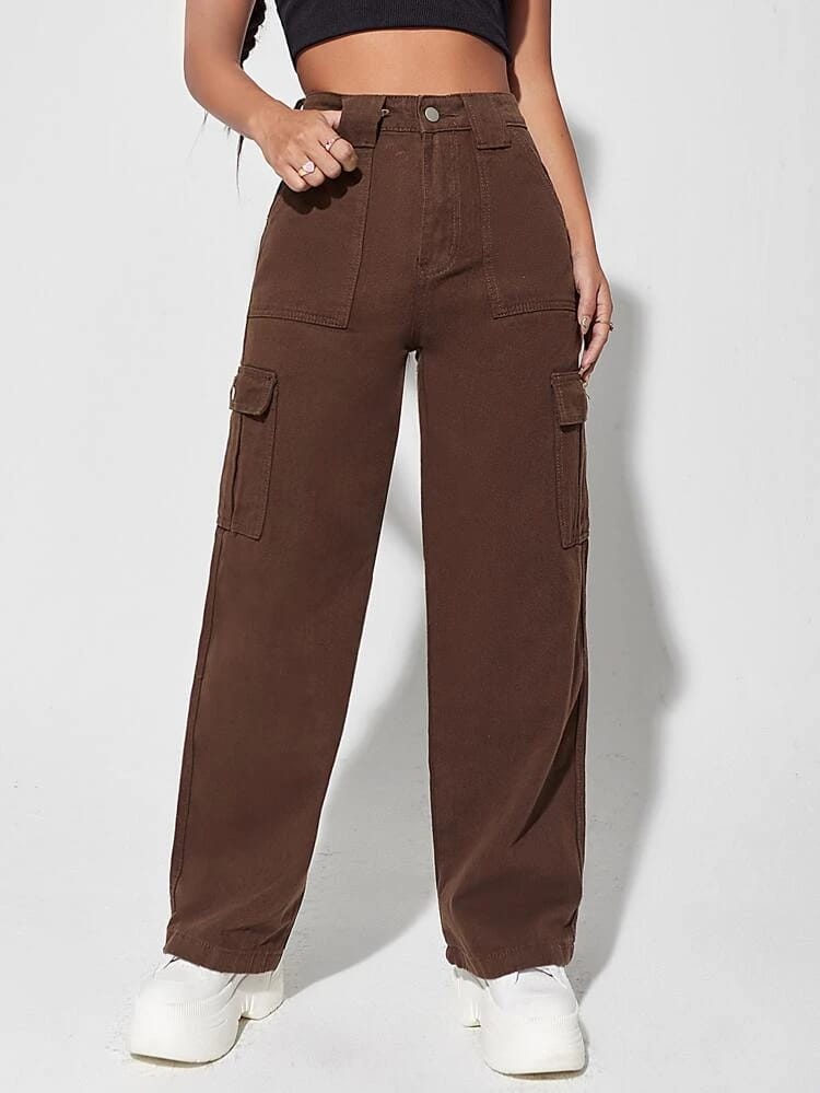 High Waist Six Pocket Brown Cargo Wide Leg Denim