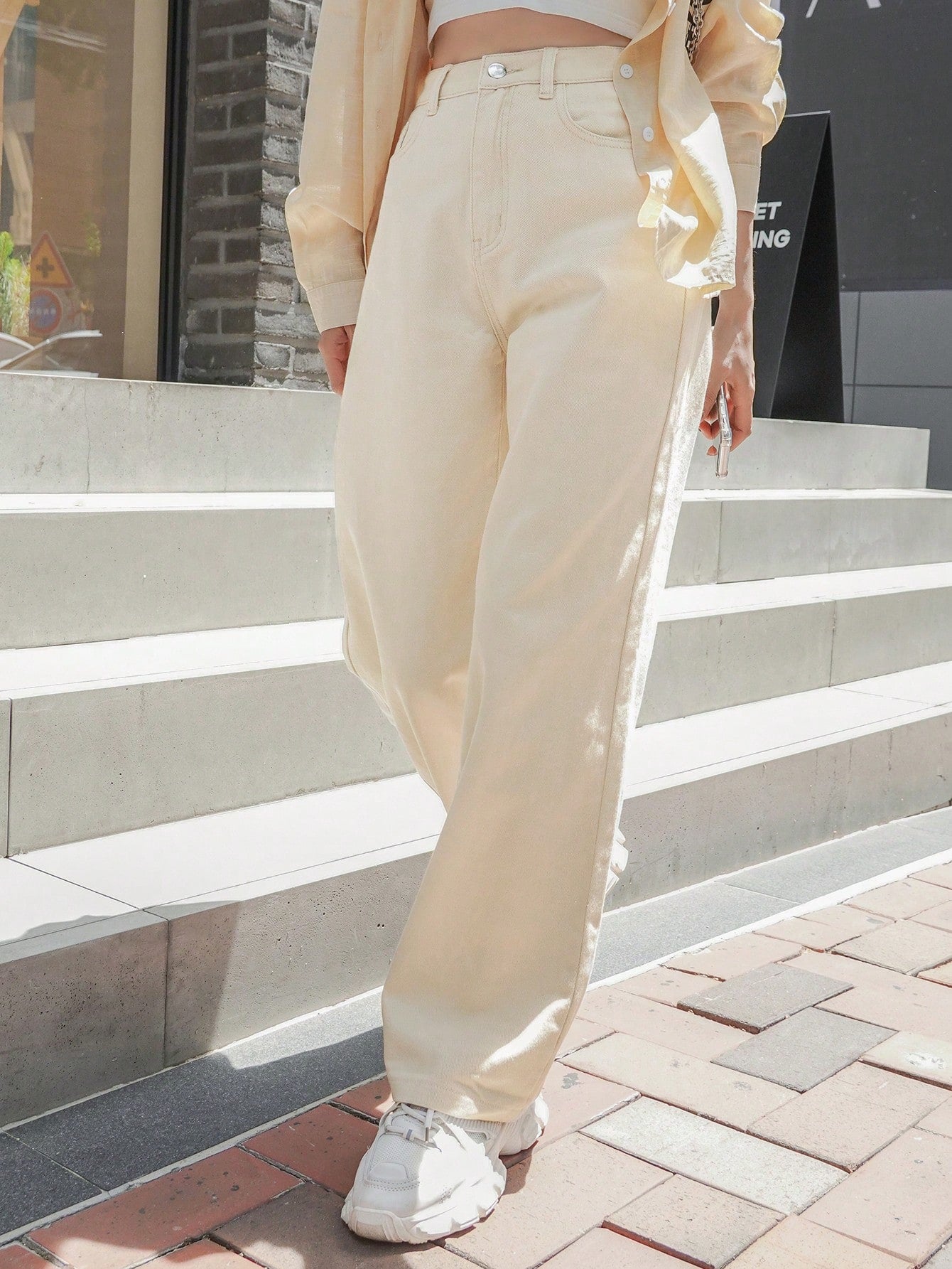 High Waist Cream Wide Leg Denim