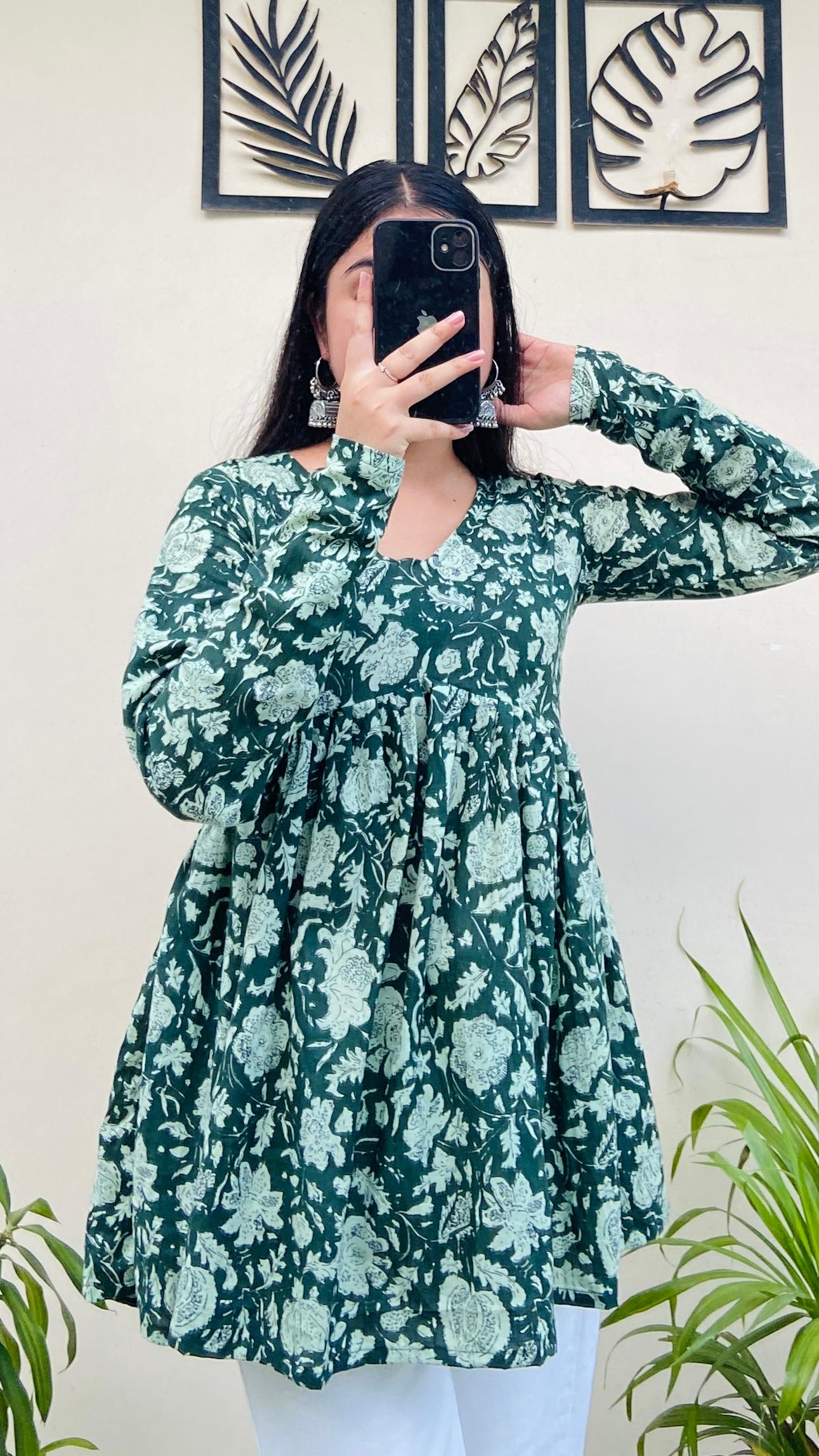 Cotton Flared Green Floral Print Aliacut Peplum Top