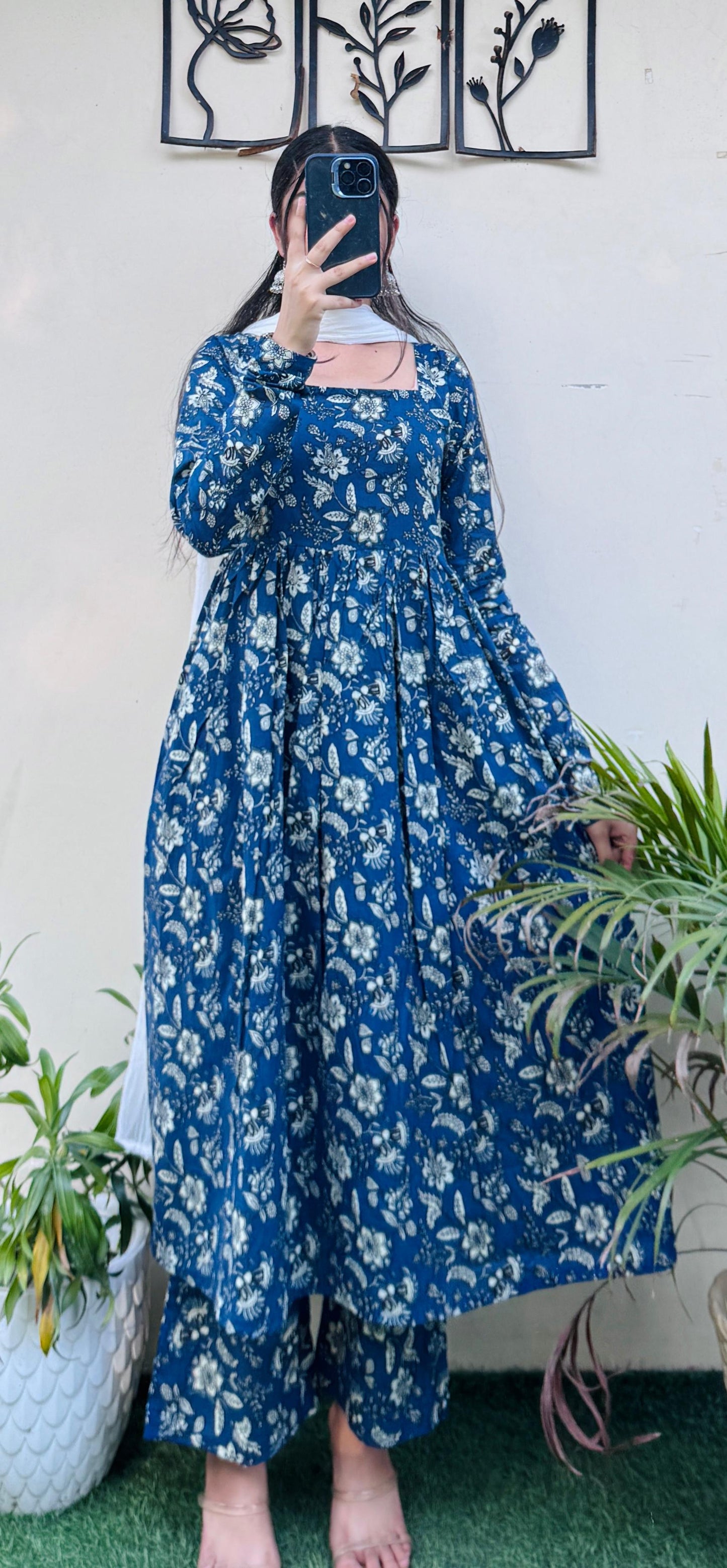 Beautiful Cotton Blue Anarkali Suit Set (Kurta+Pant+Dupatta)