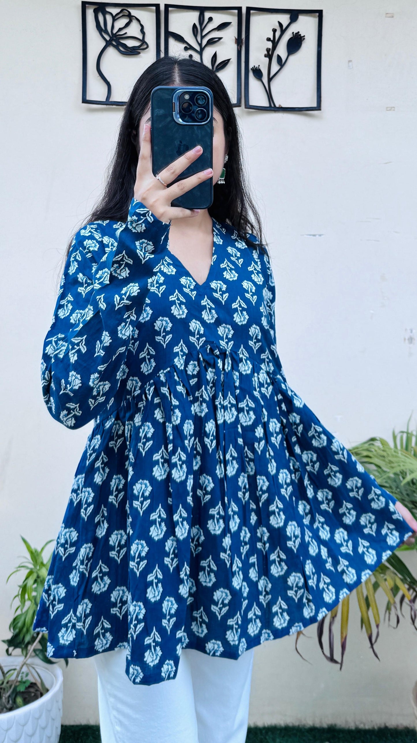 Cotton Blue Flared Printed Aliacut Peplum Top