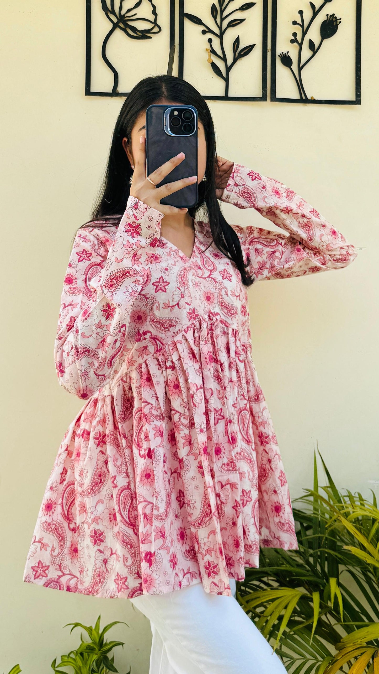 Cotton Pink Flared Floral Print Aliacut Peplum Top