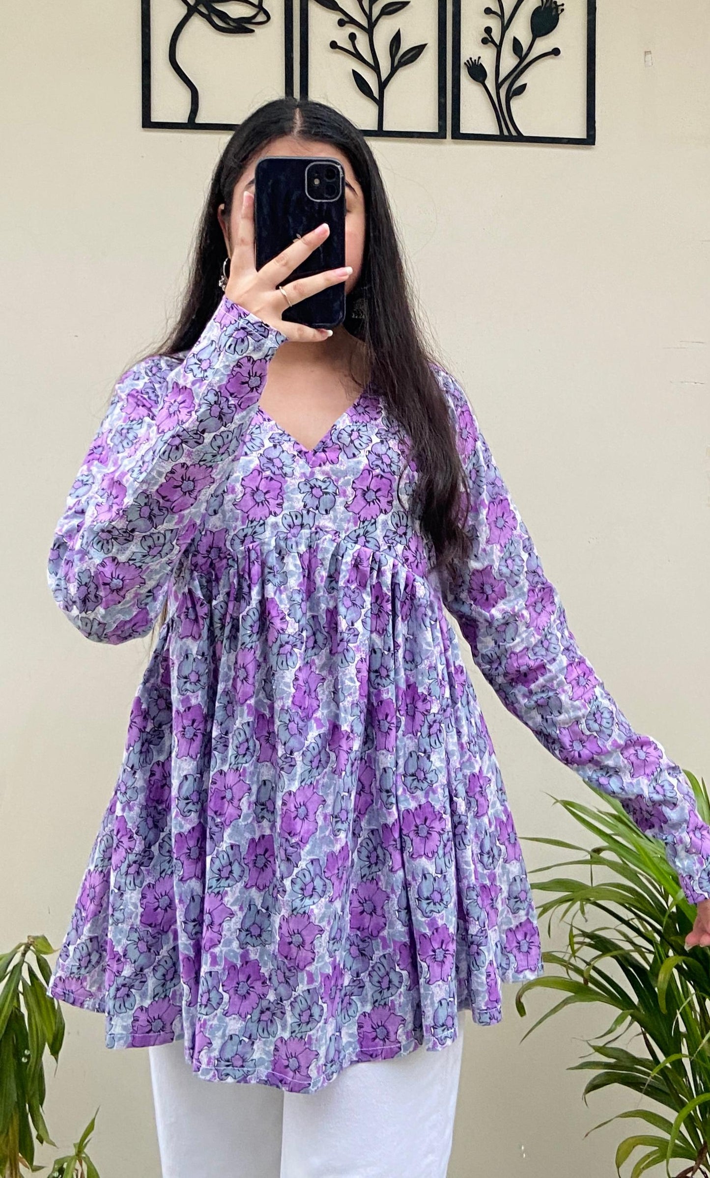 Cotton Flared Purple Floral Print Aliacut Peplum Top