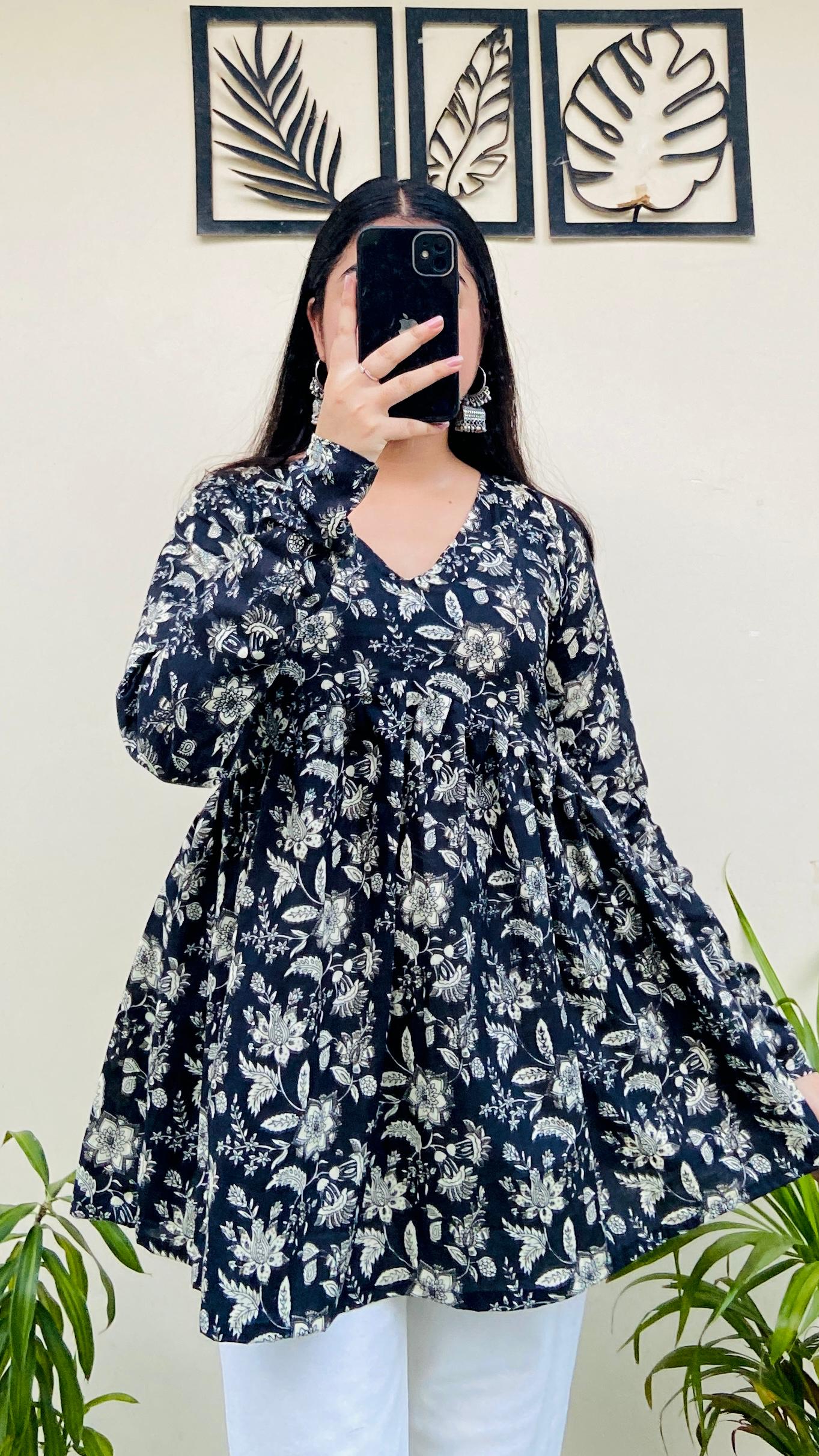Cotton Flared Black Floral Print Aliacut Peplum Top