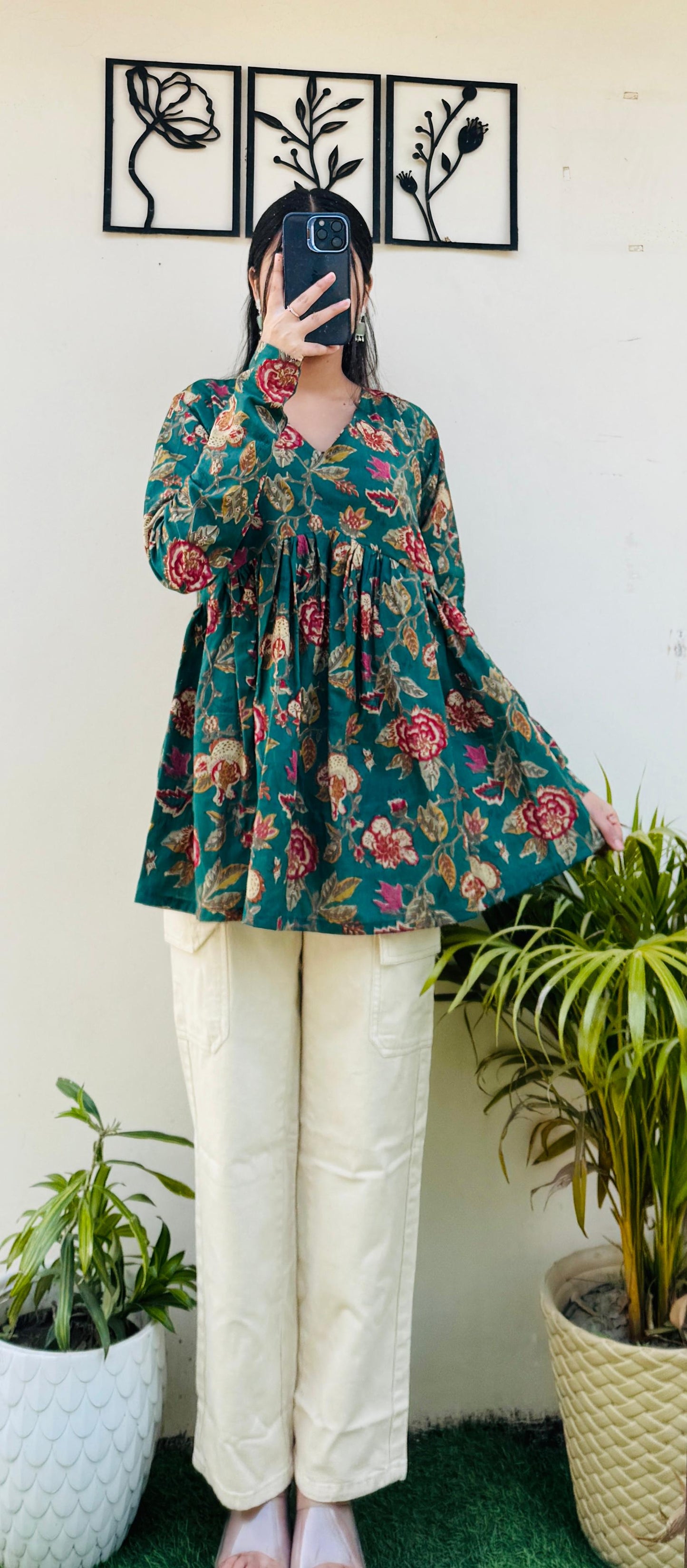 Cotton Flared Green Floral Print Aliacut Peplum Top