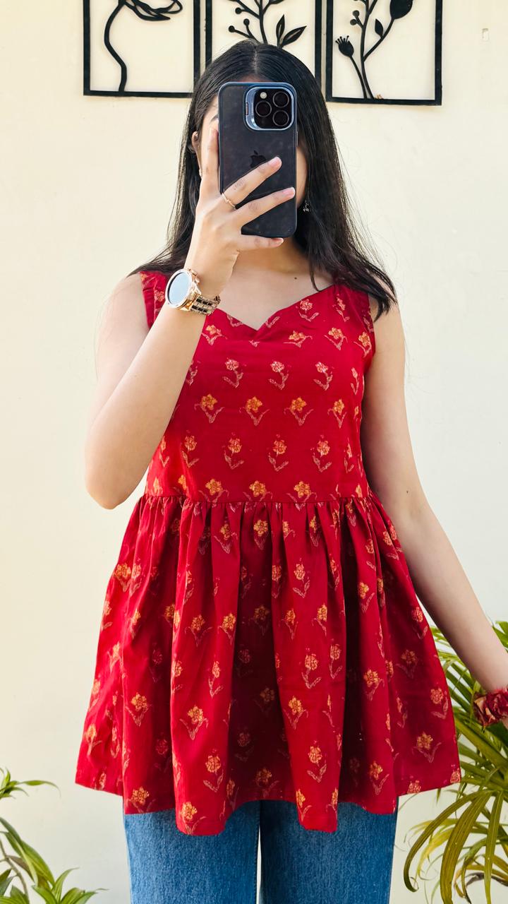 Cotton Flared Back Less Neck Design Short Kurti