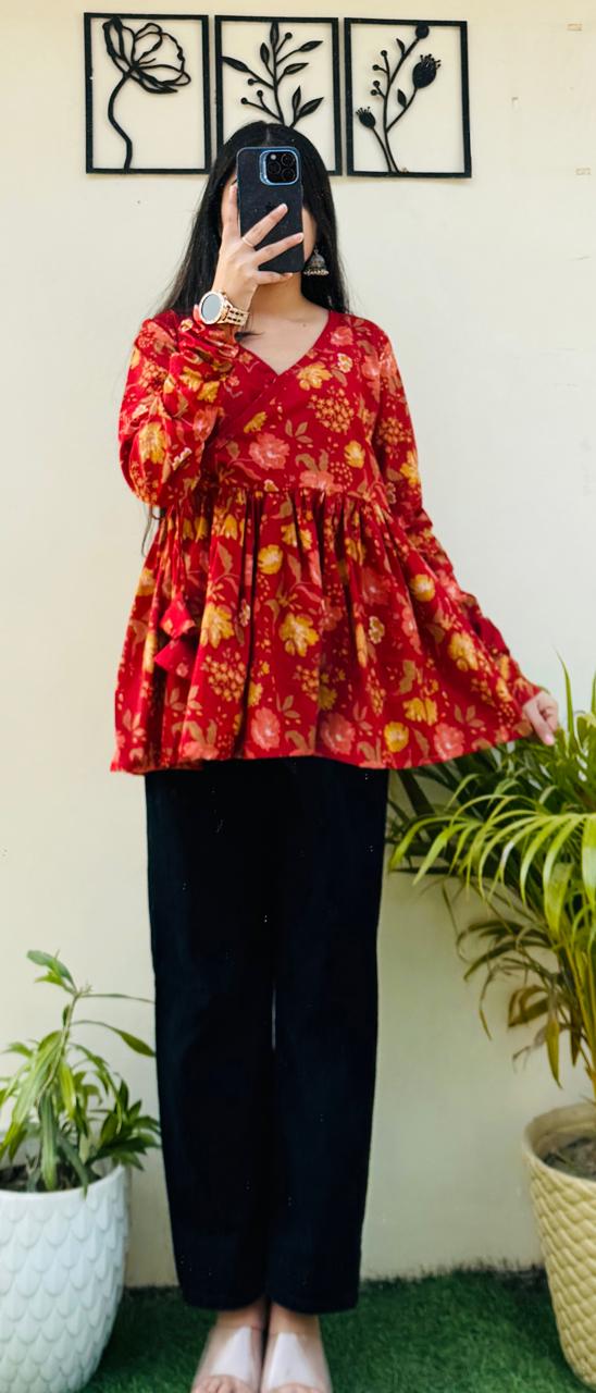 Cotton Red Angrakha Pattern Flared Floral Print Aliacut Peplum Top