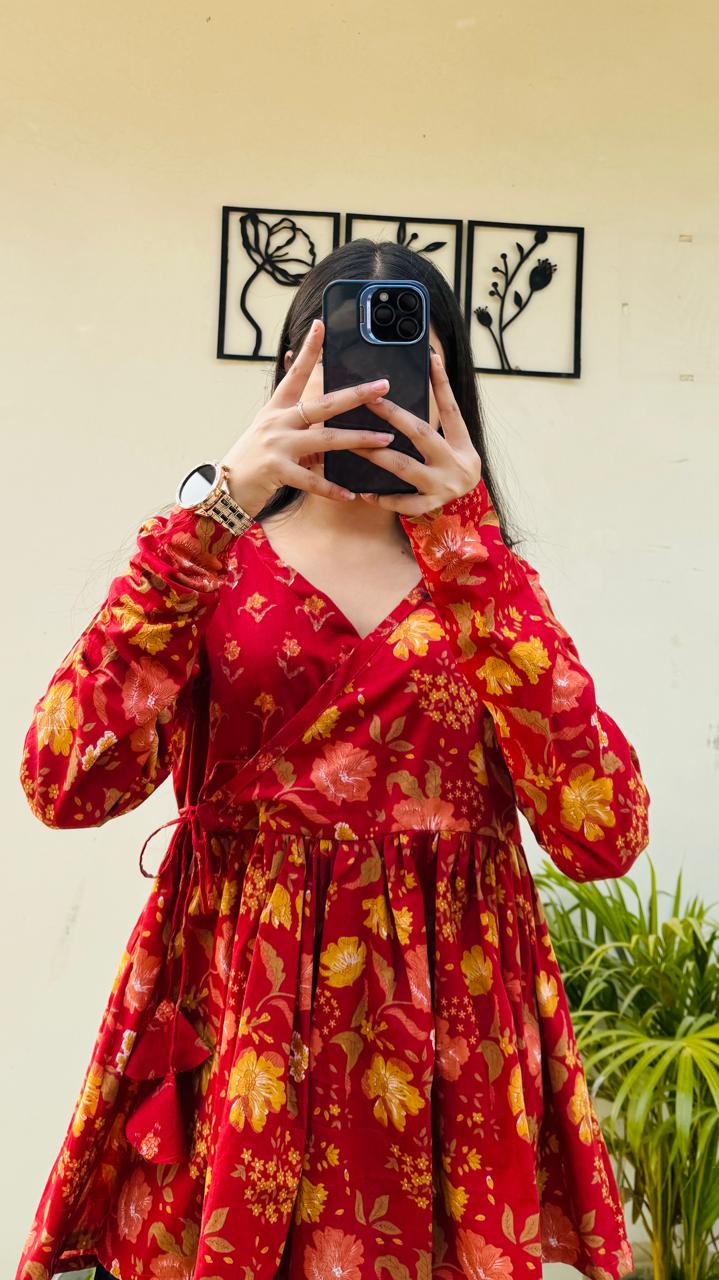 Cotton Red Angrakha Pattern Flared Floral Print Aliacut Peplum Top