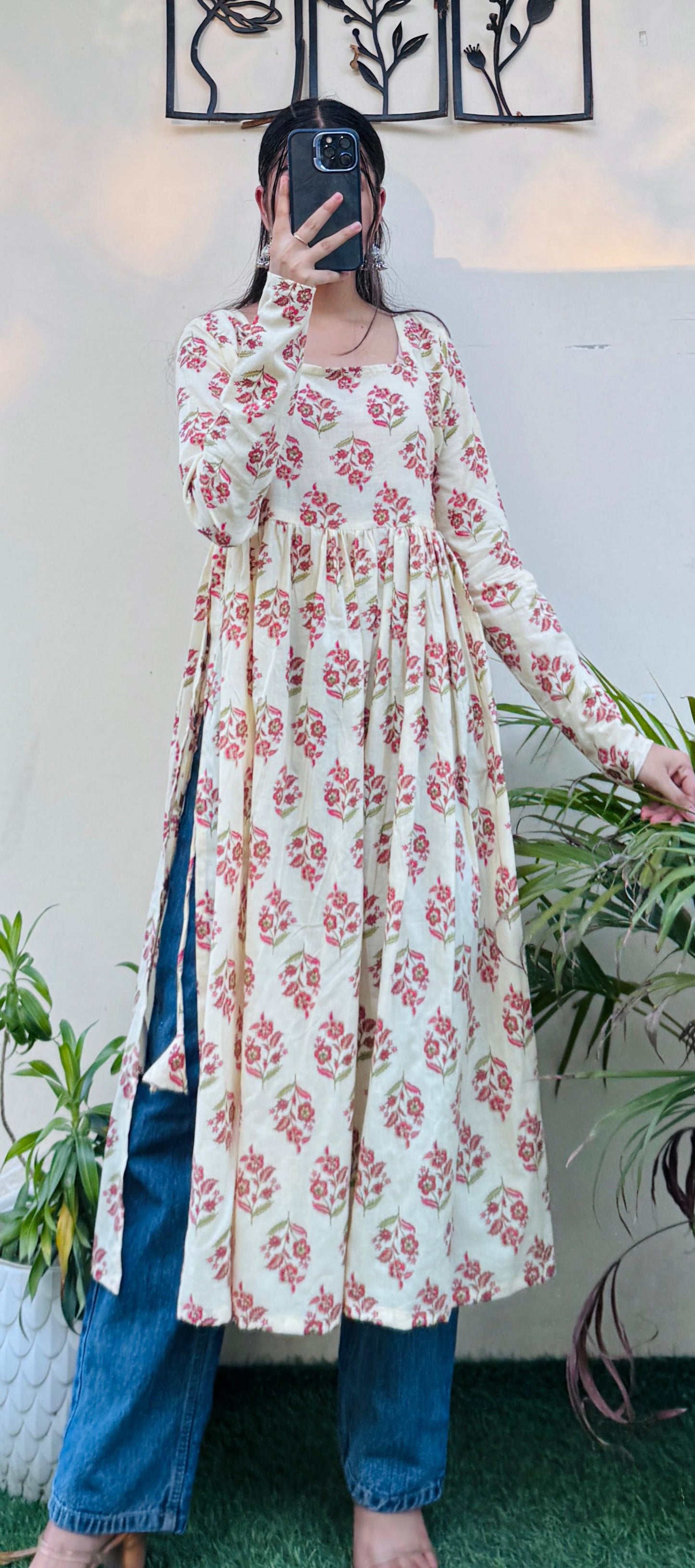 Cotton Full Sleeve Cream Nayra Cut Long Kurti