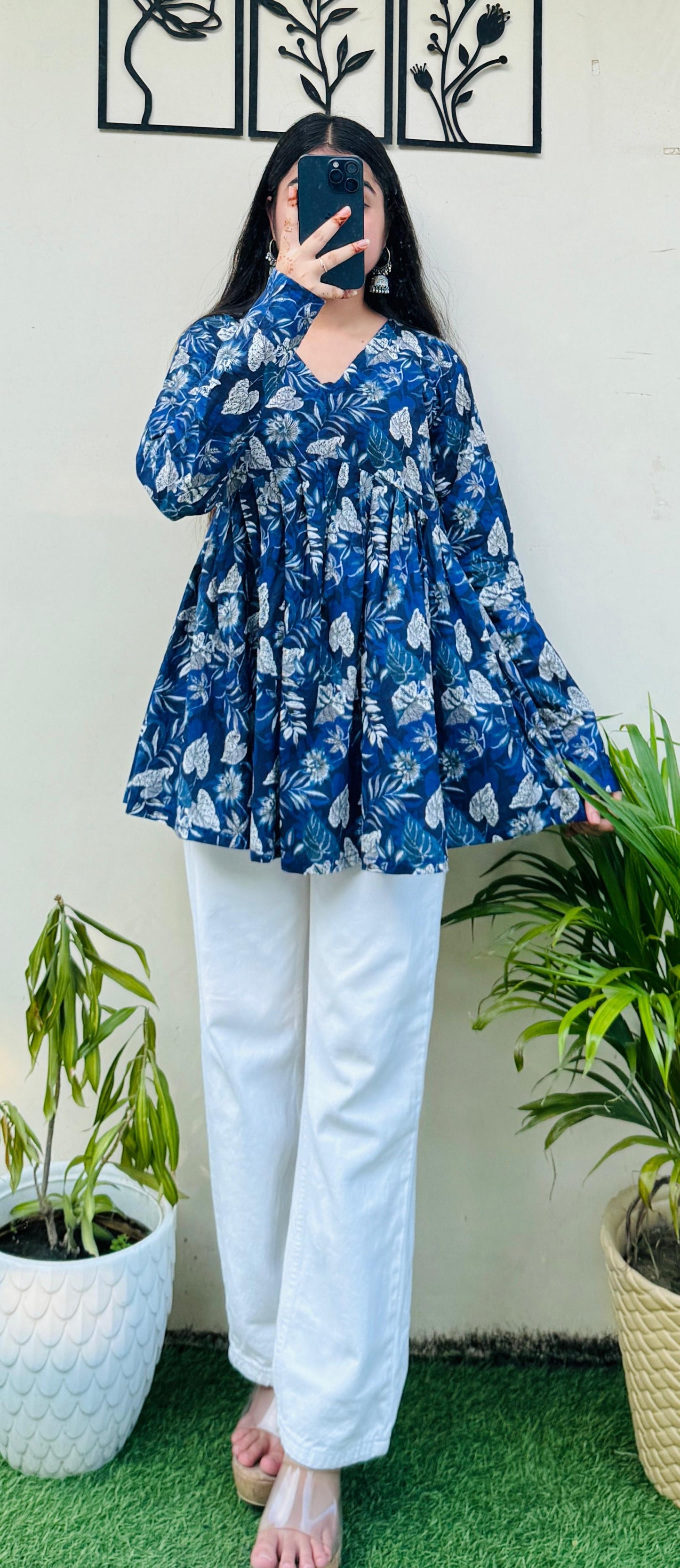 Cotton Flared Blue Floral Print Aliacut Peplum Top