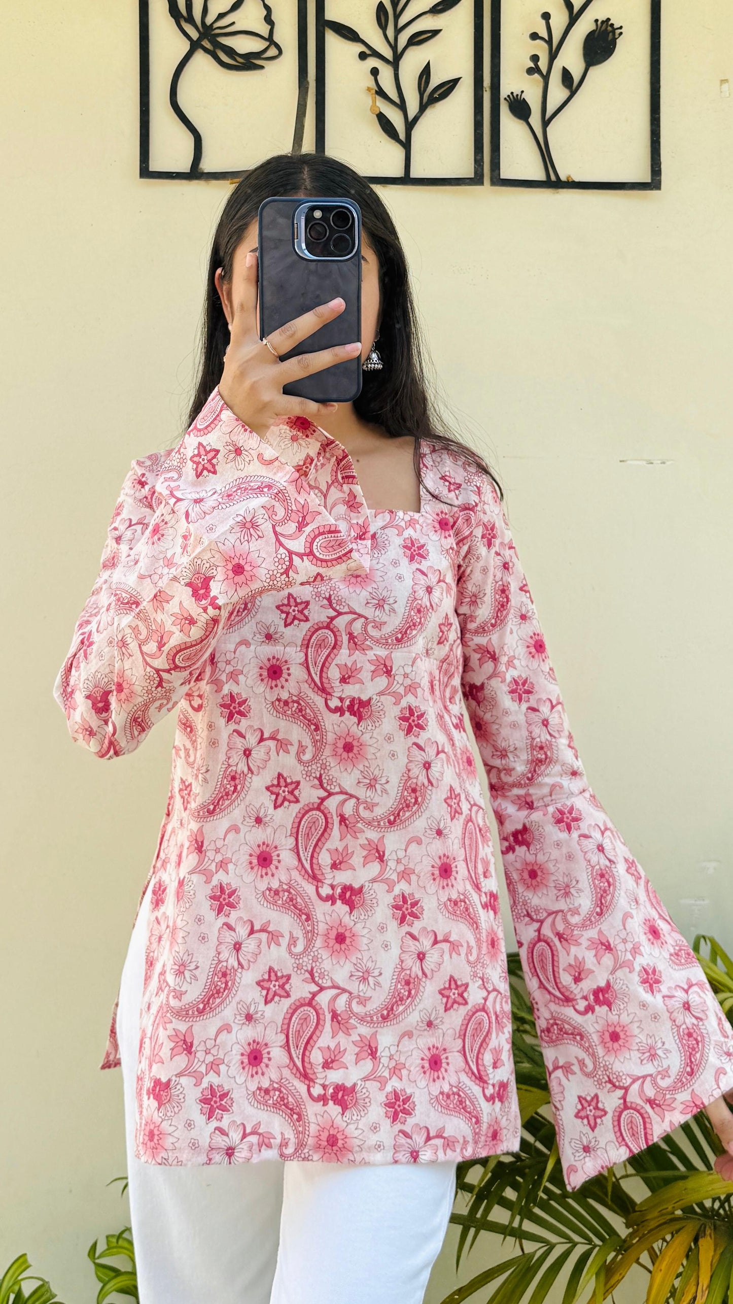 Cotton Square Neck Bellsleeve Short Kurti