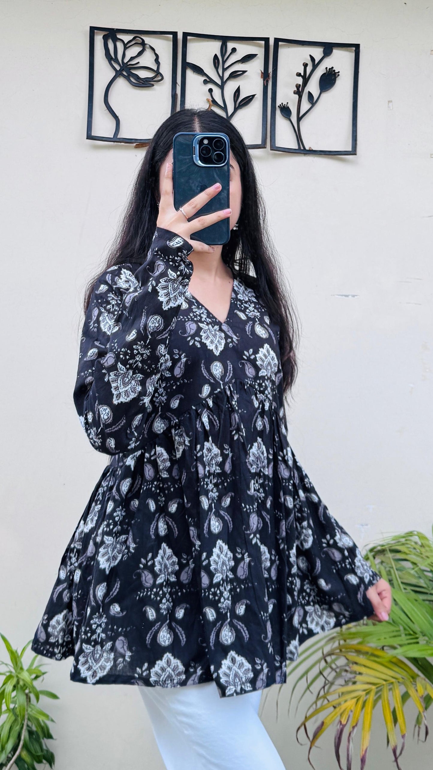 Cotton Black Flared Printed Aliacut Peplum Top