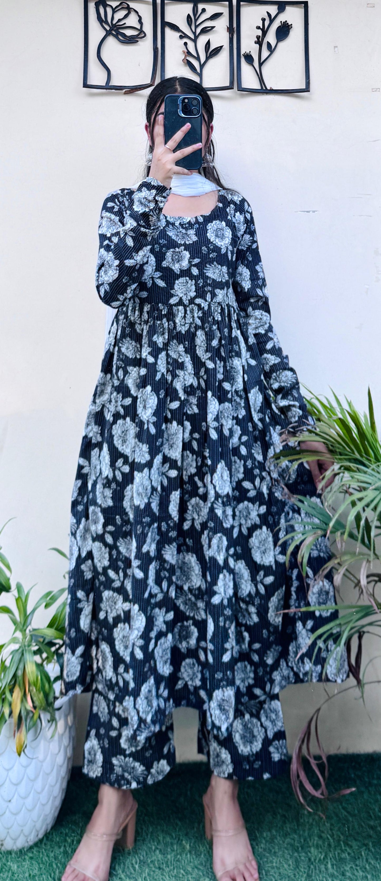 Beautiful Cotton Katha Black Anarkali Suit Set (Kurta+Pant+Dupatta)